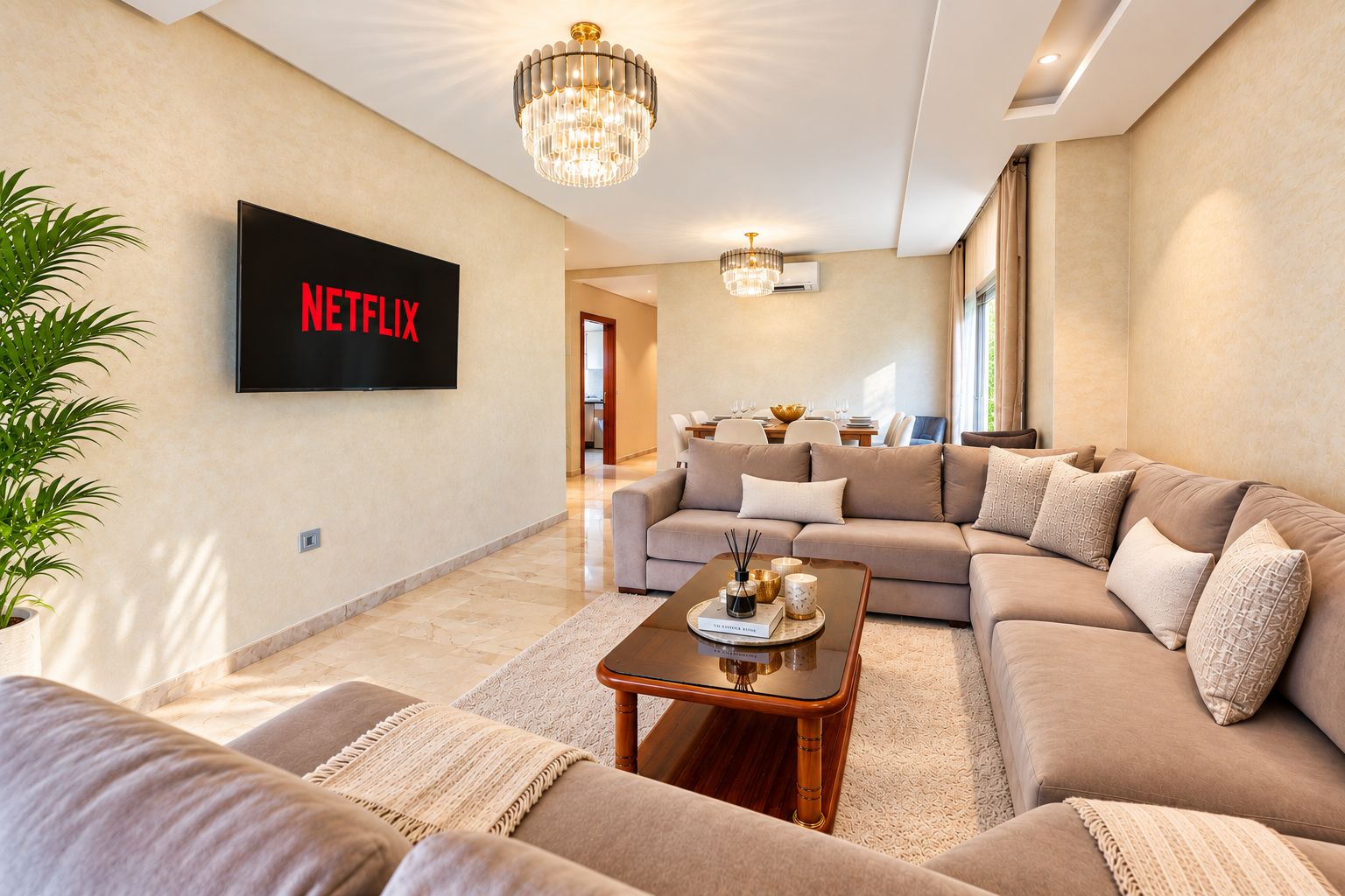 Un salon moderne doté d’un grand téléviseur à écran plat fixé au mur, d’un ensemble de canapés, d’une table basse et d’un lustre.