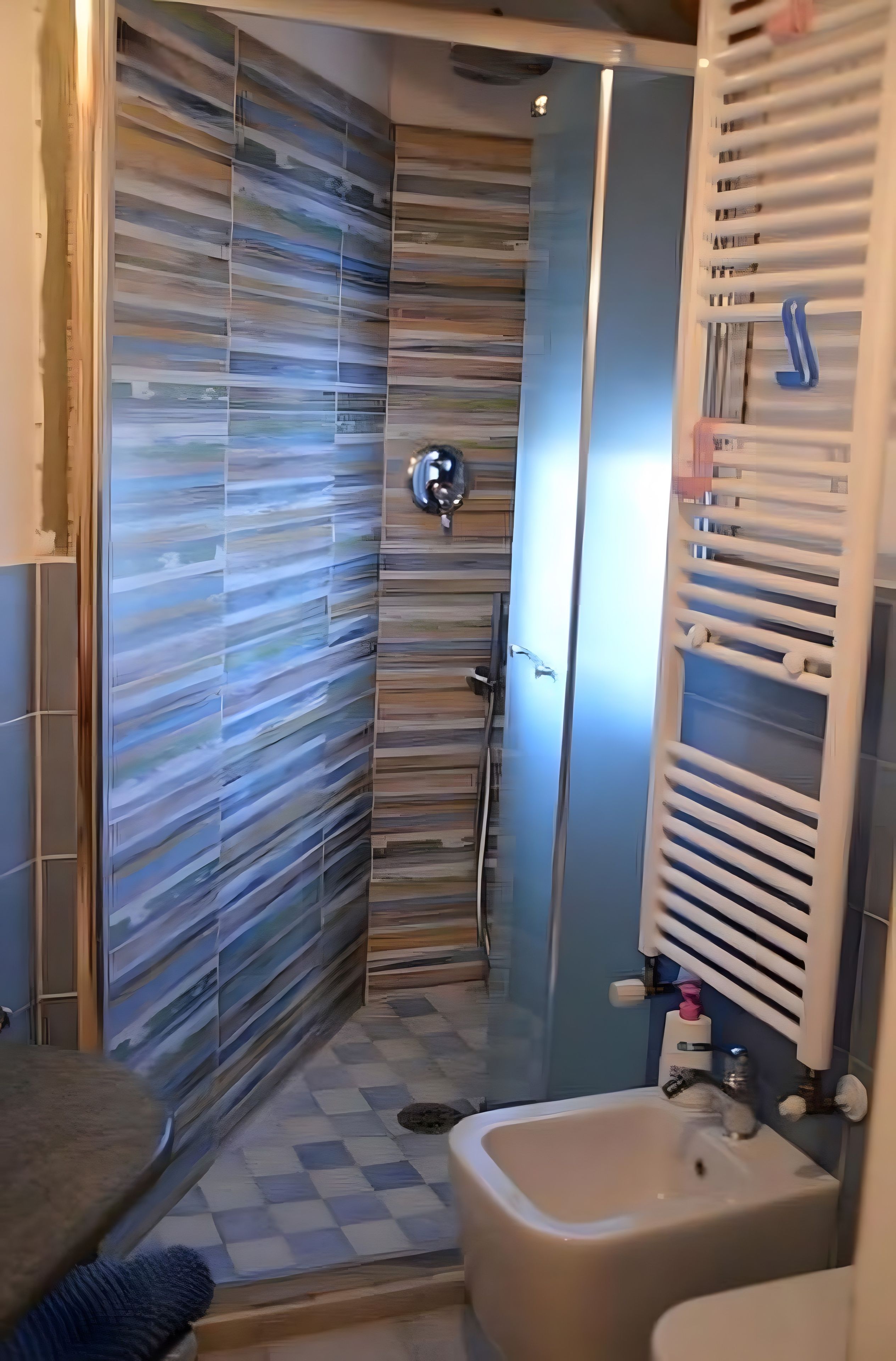 Et badeværelse med bruser, håndvask og toilet.