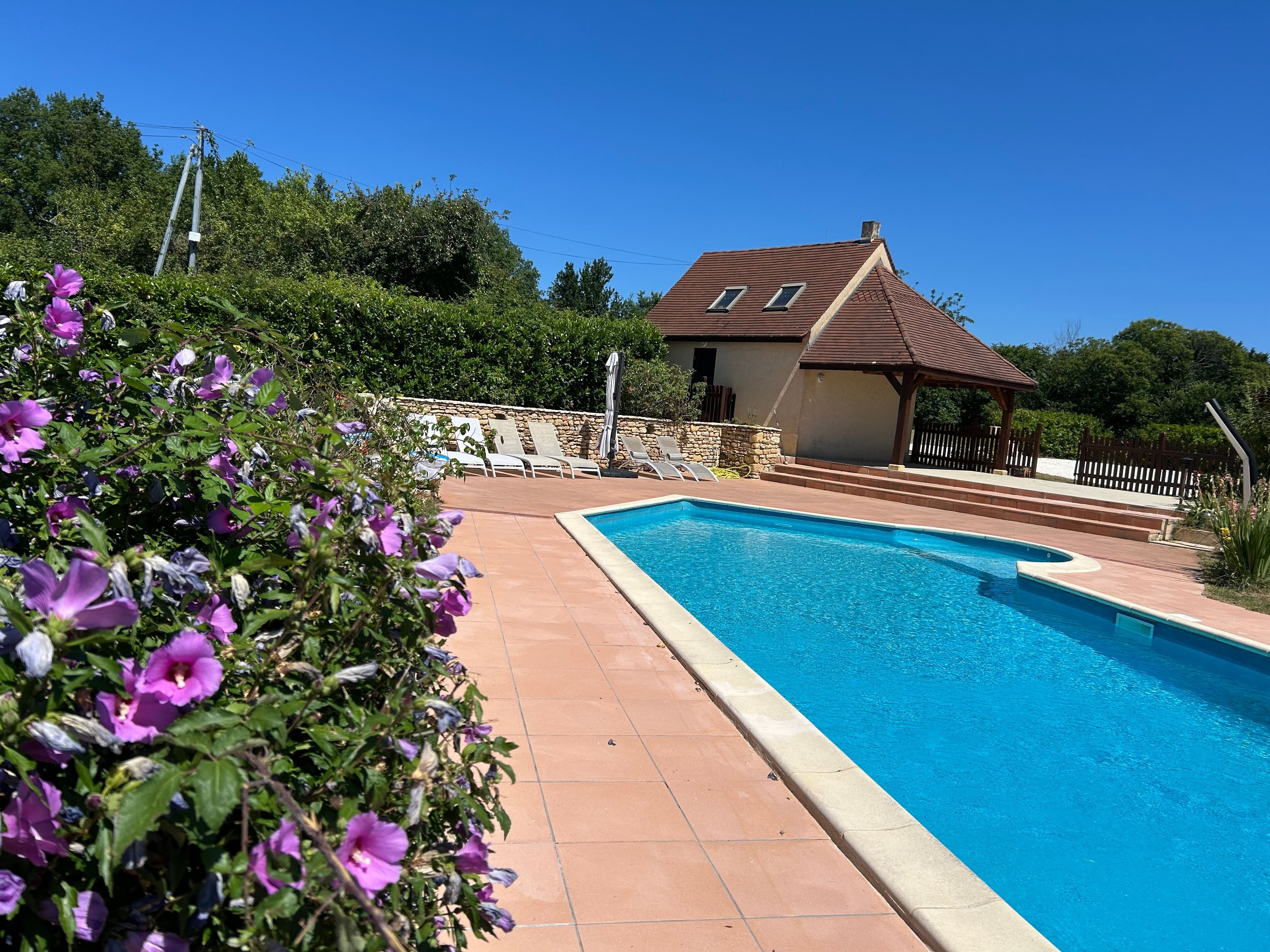 Une piscine avec une terrasse en pierre, un petit pavillon et une maison avec un toit brun.
