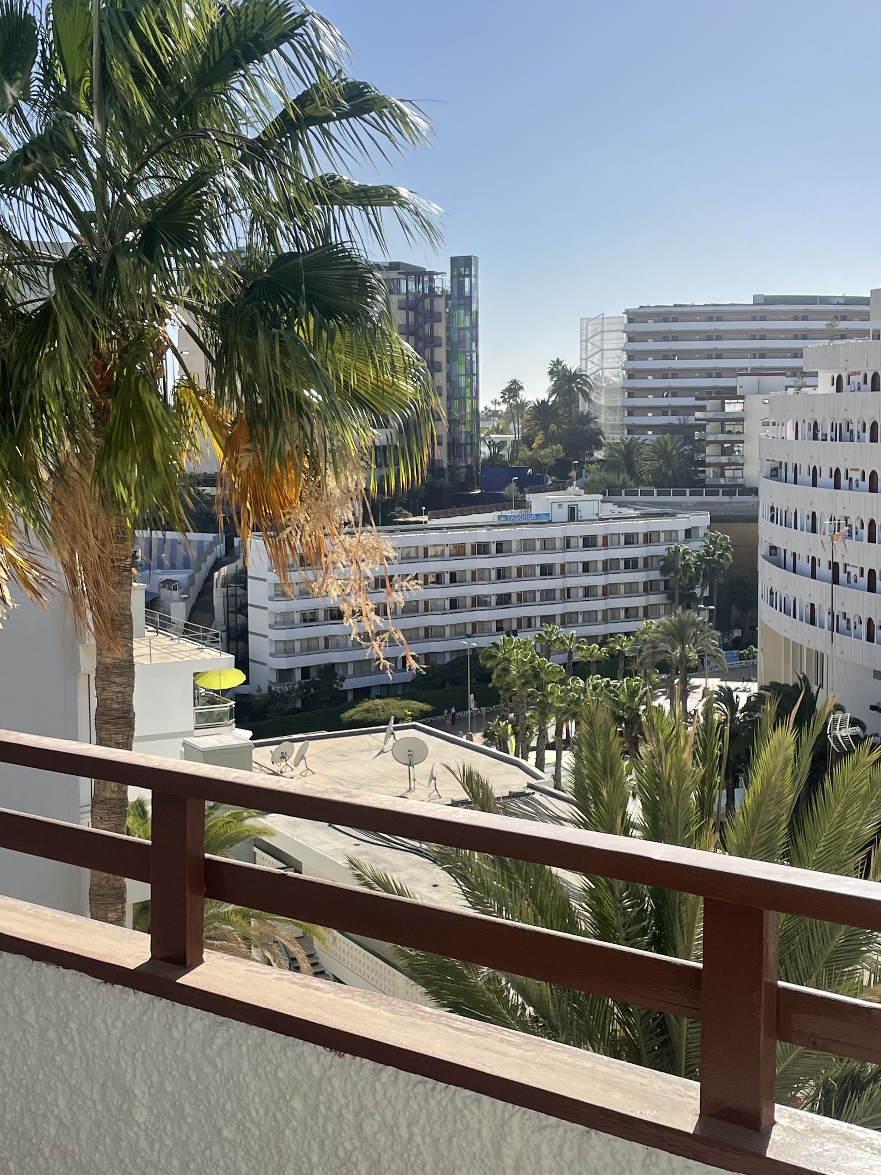 Een hotel met meerdere verdiepingen, balkons en palmbomen.