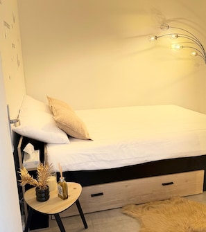 Une chambre à coucher avec un lit, une table de chevet, une lampe et une petite plante.