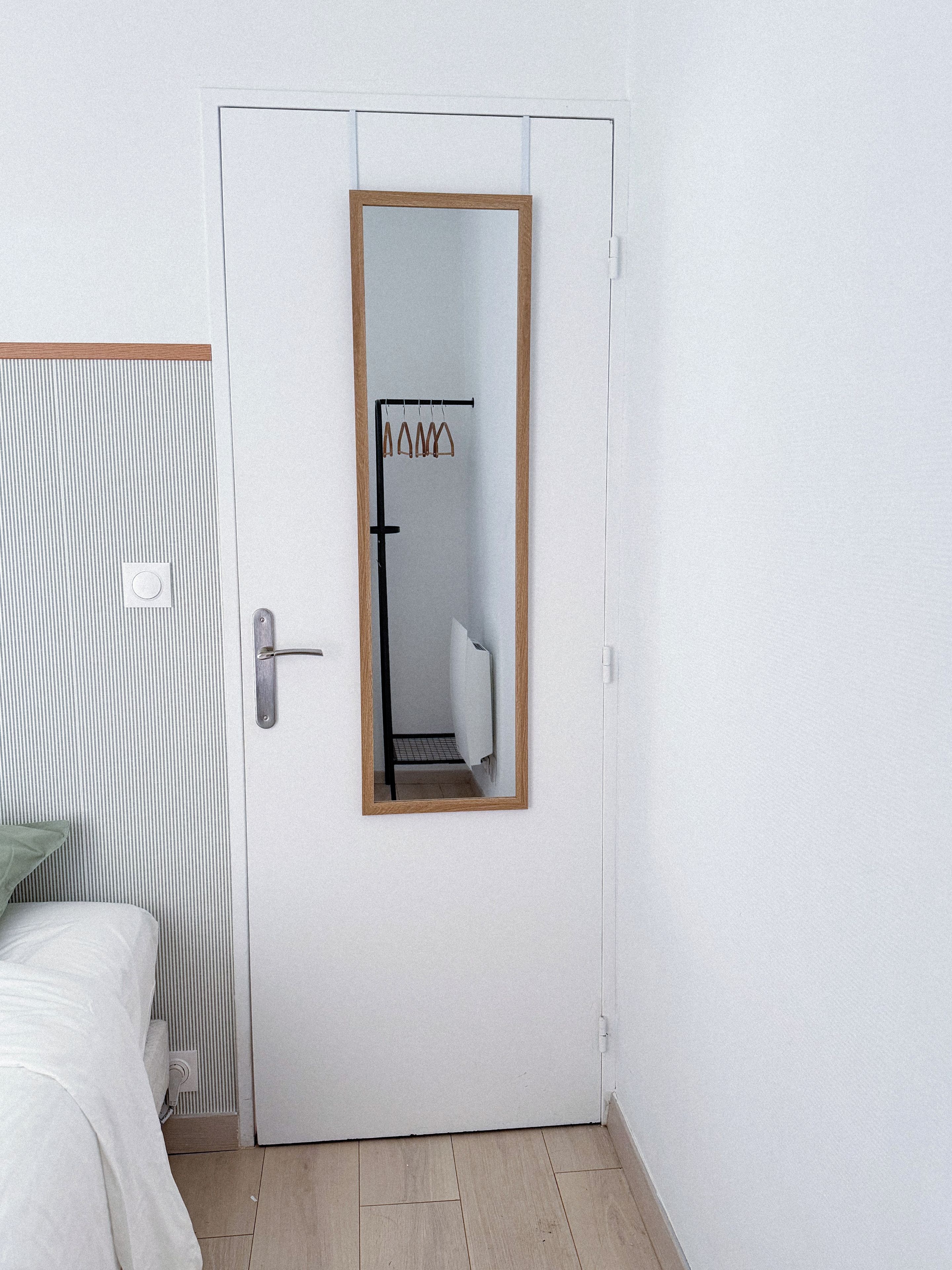 A white door with a mirror and a towel rack.