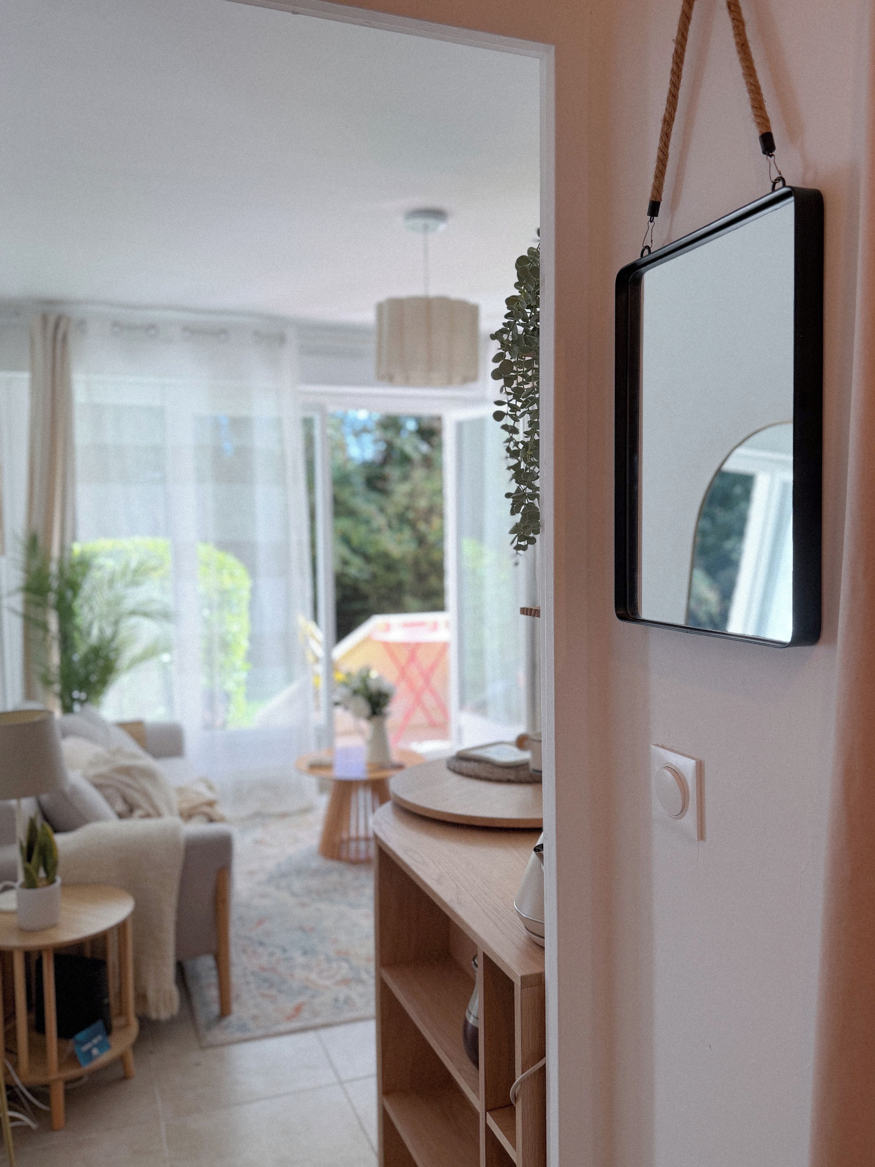Un salon moderne avec un canapé, une table basse et une plante suspendue.
