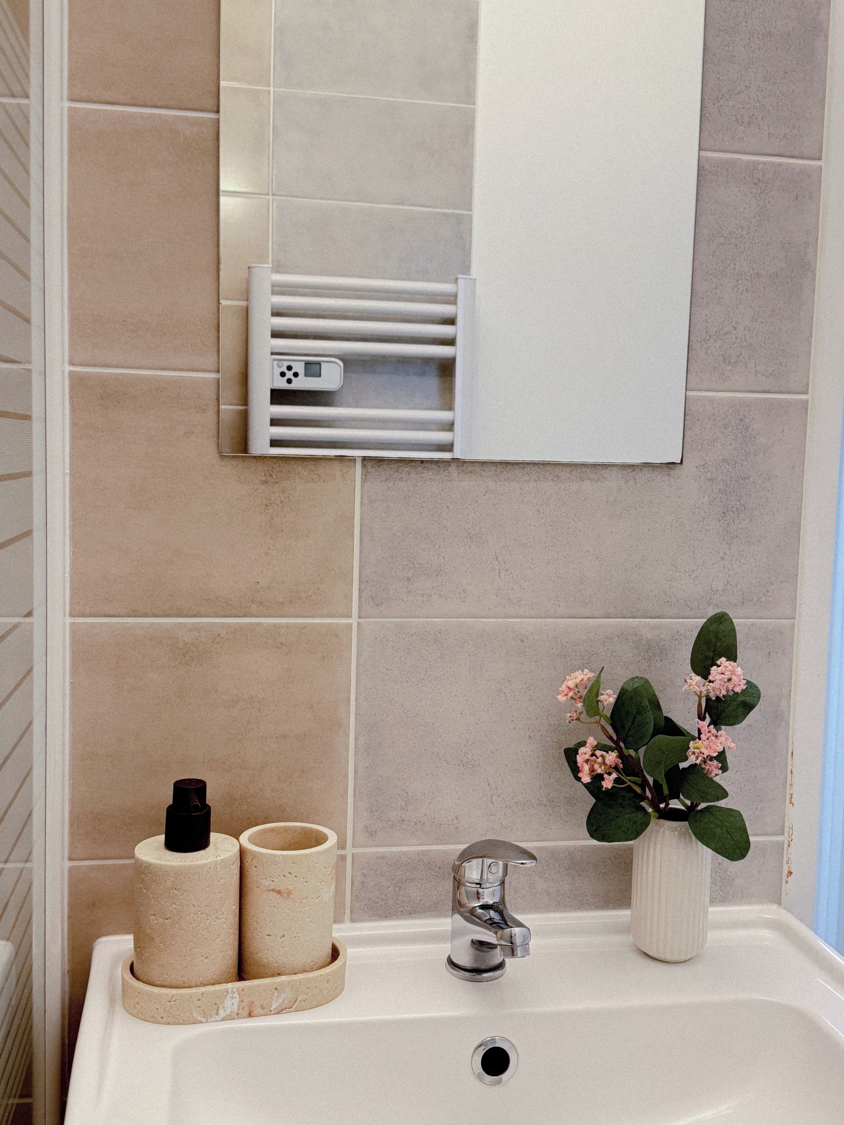 Ein Badezimmer mit Waschbecken, Spiegel, Handtuchwärmer und einer Topfpflanze.