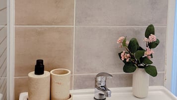 Ein Badezimmer mit Waschbecken, Spiegel, Handtuchwärmer und einer Topfpflanze.