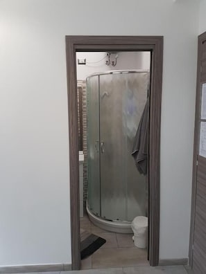 Casa de banho com cabine de chuveiro em vidro, sanita e porta que dá para outro espaço.