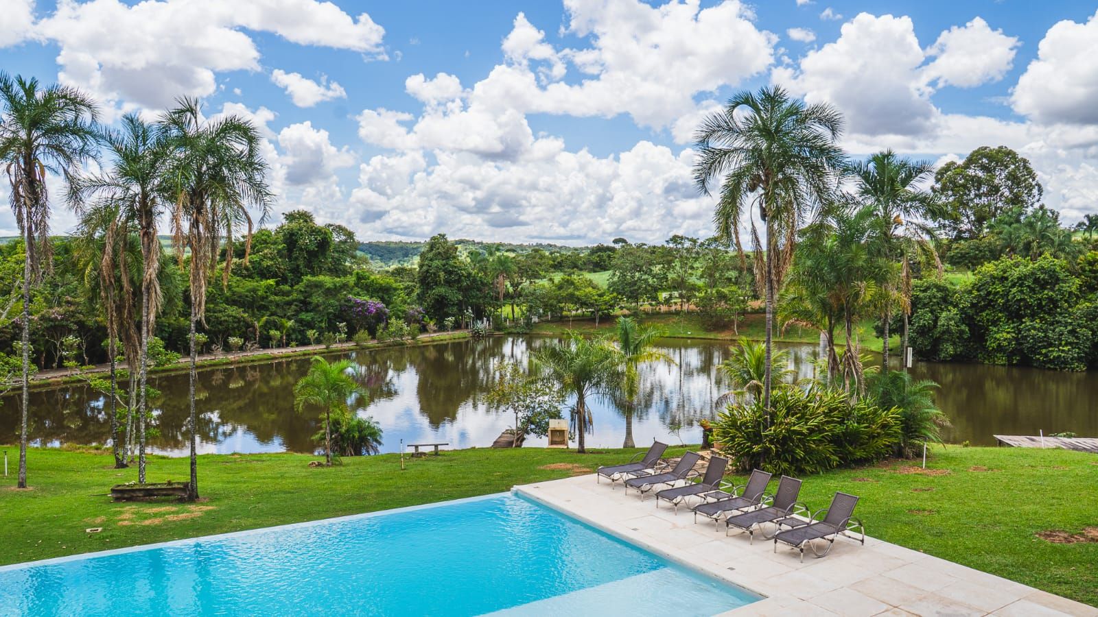 A swimming pool with lounge chairs, surrounded by palm trees and a lake.