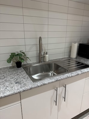 Een keuken met een roestvrijstalen spoelbak, een potplant en een keukenrolhouder.