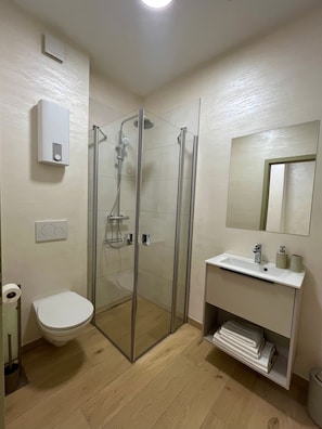 Ein Badezimmer mit Duschkabine, Toilette, Waschbecken mit Spiegel und Handtuchhalter.