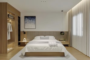 A modern bedroom with a bed, nightstands, a wardrobe, and a painting. - Elyra Hotel Phu Quoc  (Phu Quoc)