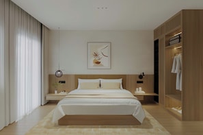 A modern bedroom with a bed, bedside tables, a wardrobe, and a wall-mounted artwork. - Elyra Hotel Phu Quoc  (Phu Quoc)