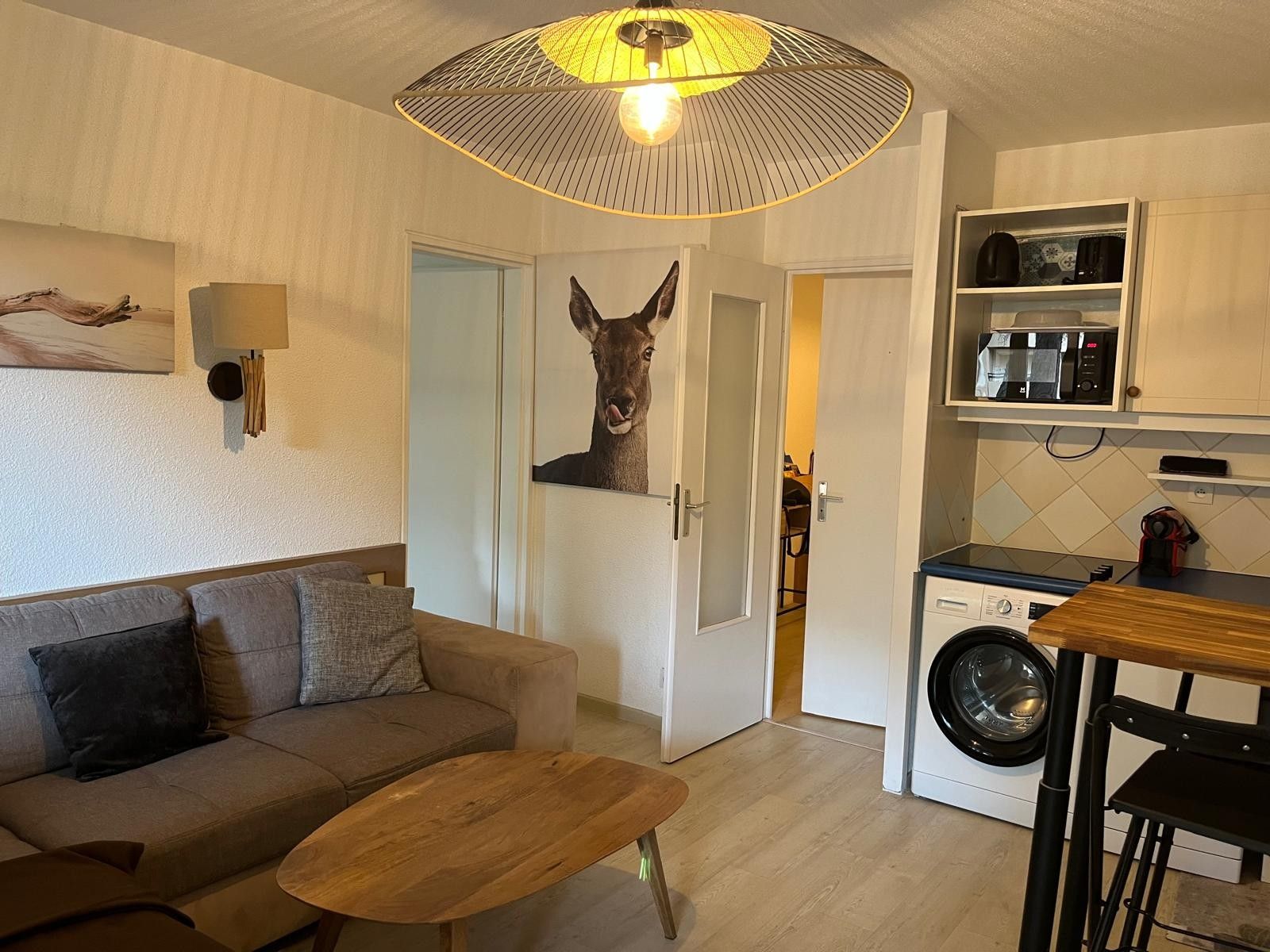 Ein Wohnzimmer mit einer Couch, einem Couchtisch, einer Waschmaschine und einer Küchenzeile mit Mikrowelle und Wasserkocher.