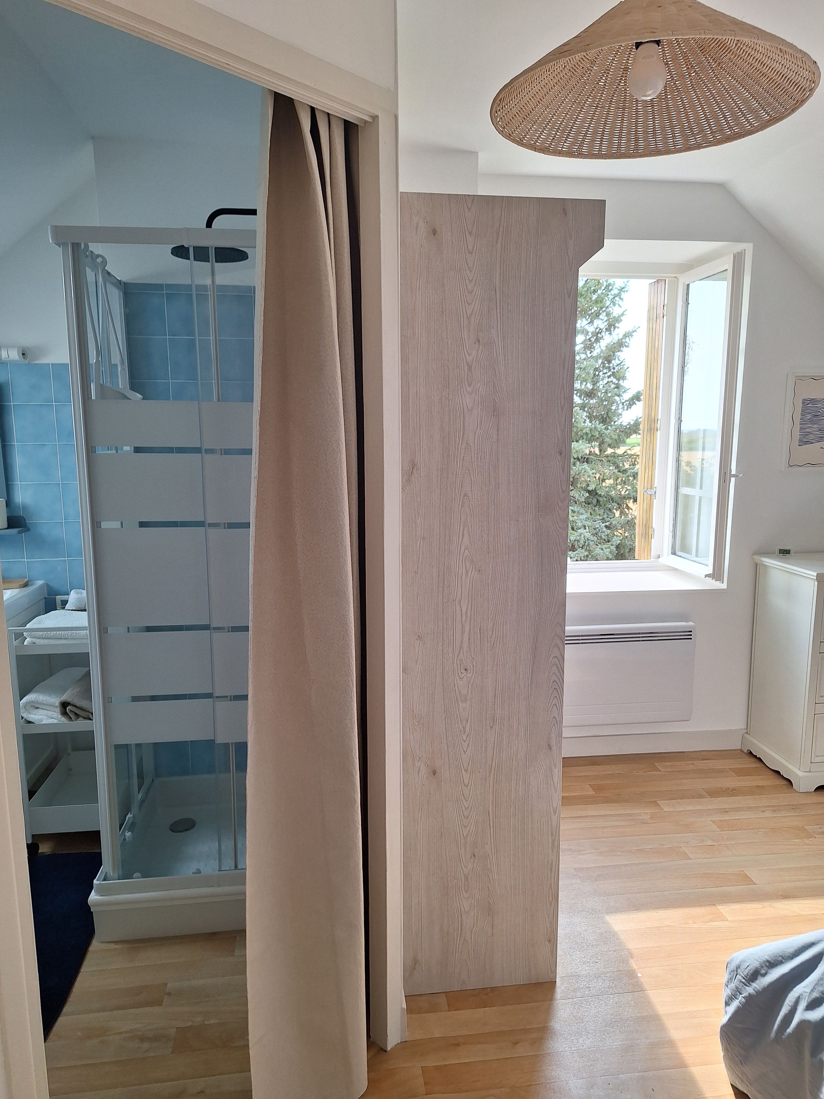 Une pièce avec une douche, une fenêtre et un luminaire au plafond.