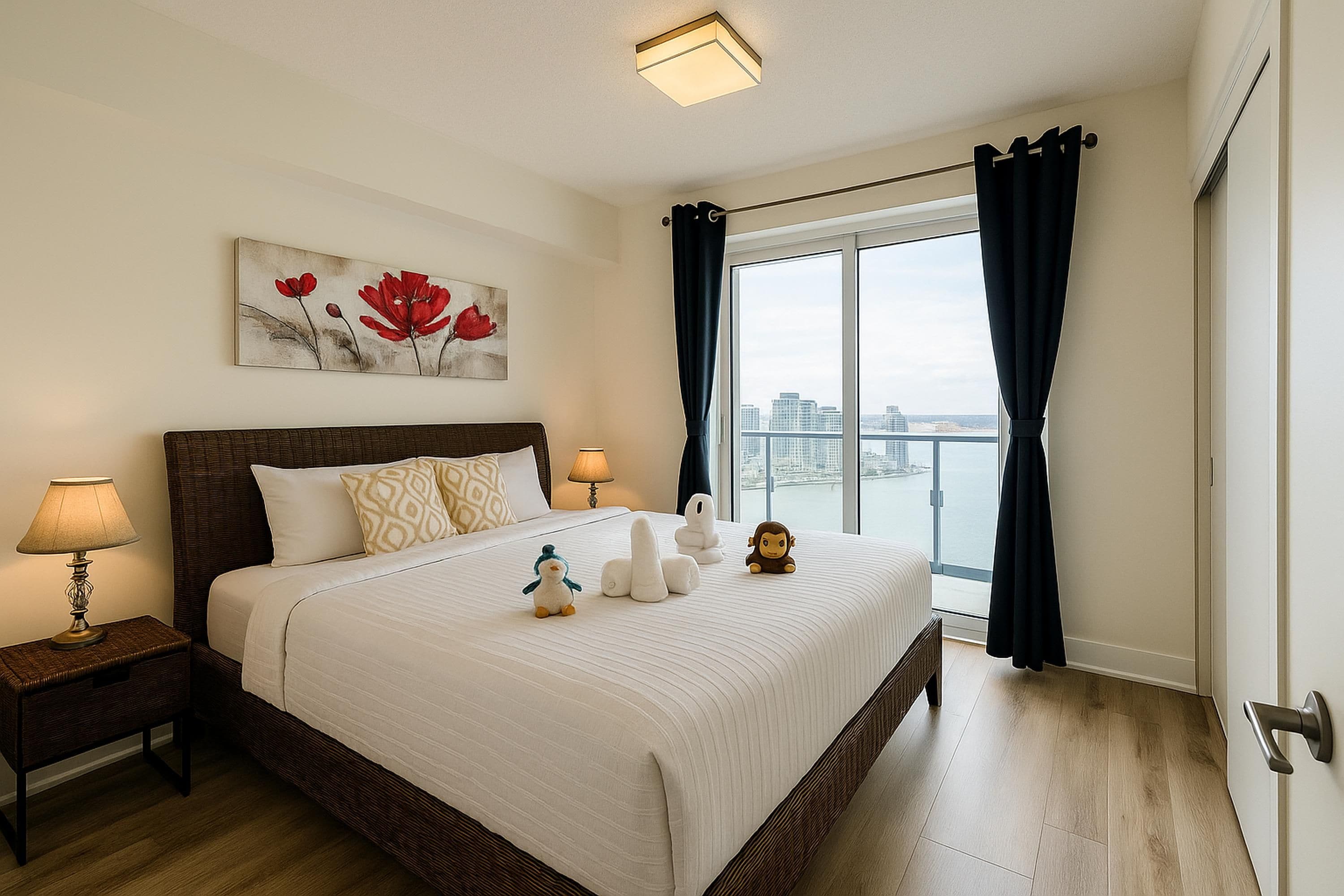 A bedroom with a large bed, a nightstand with a lamp, a painting on the wall, and a view of the city through the window.