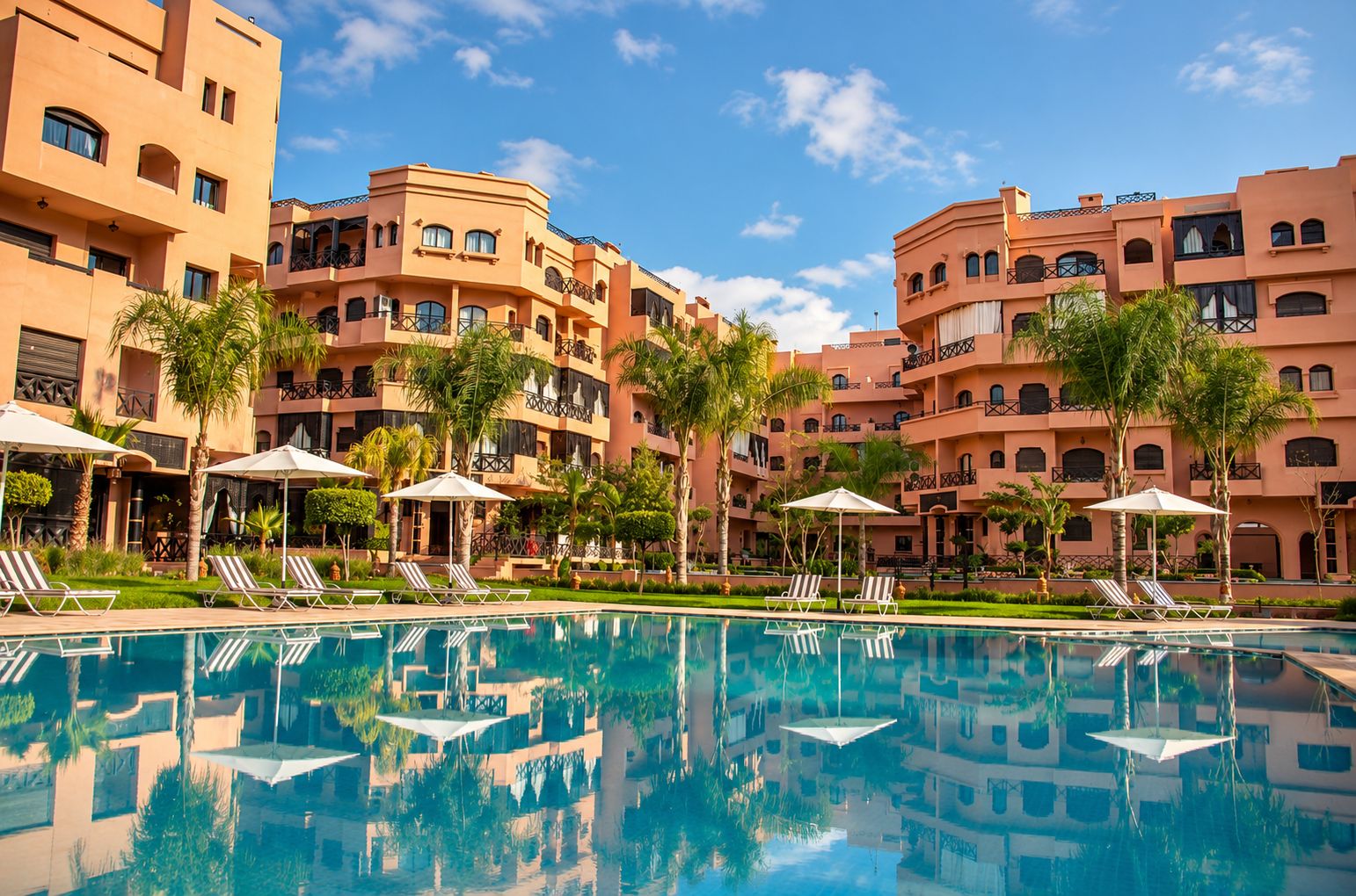A hotel with a swimming pool, multiple balconies, and palm trees.