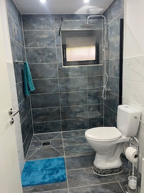 A bathroom with a shower, toilet, and a blue mat.