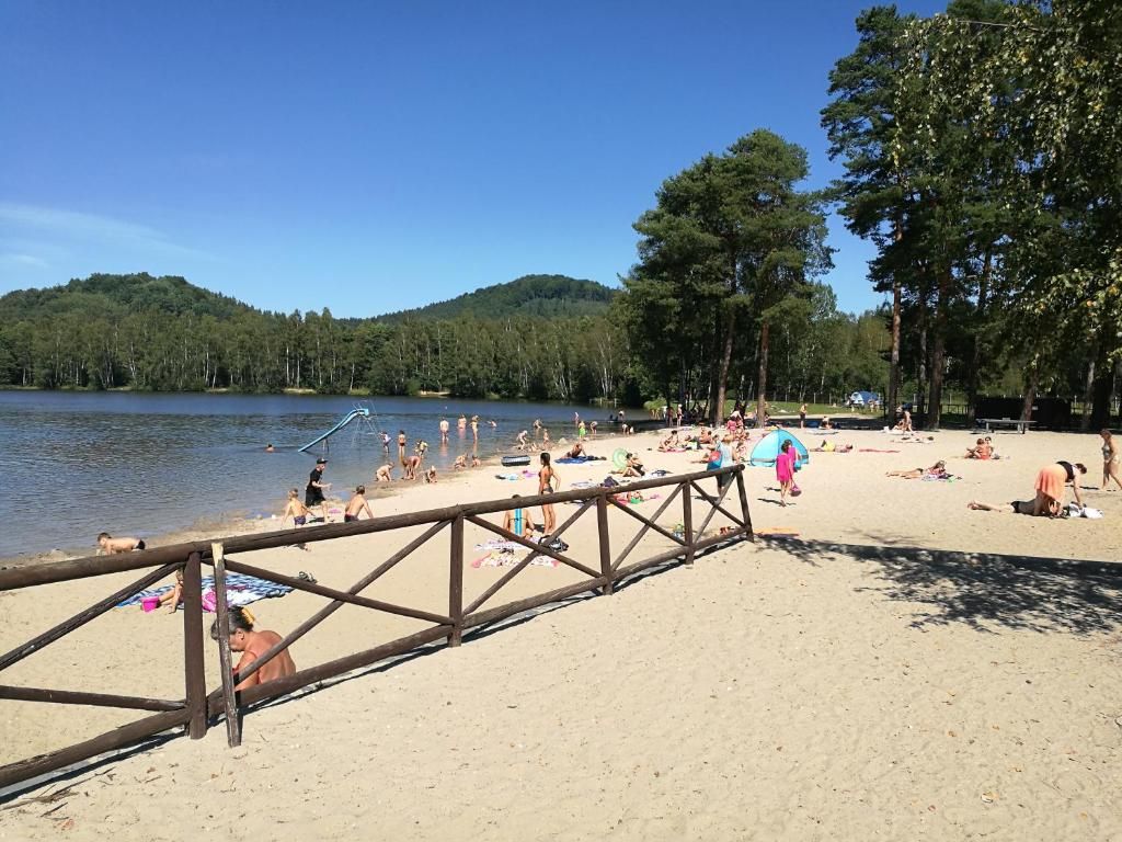 A beach with a wooden fence, people sunbathing, and a forested hill in the background.