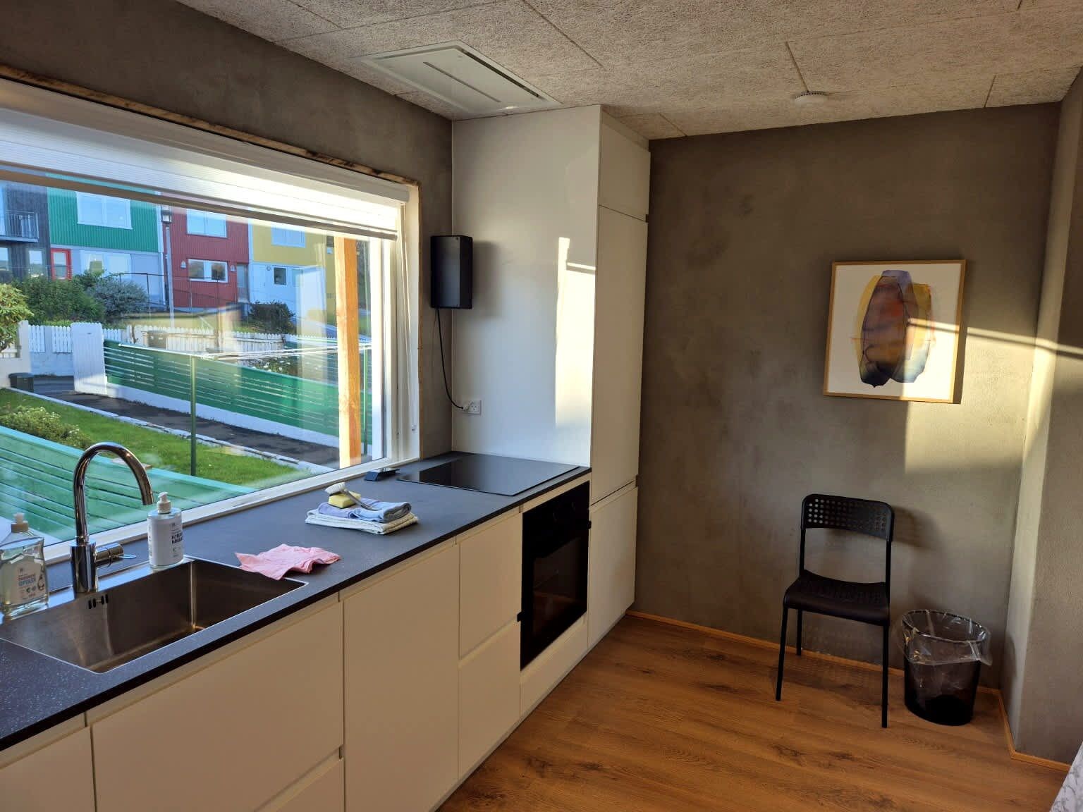 Et moderne køkken med indbygget ovn, vask og et vindue med udsigt over et boligområde.