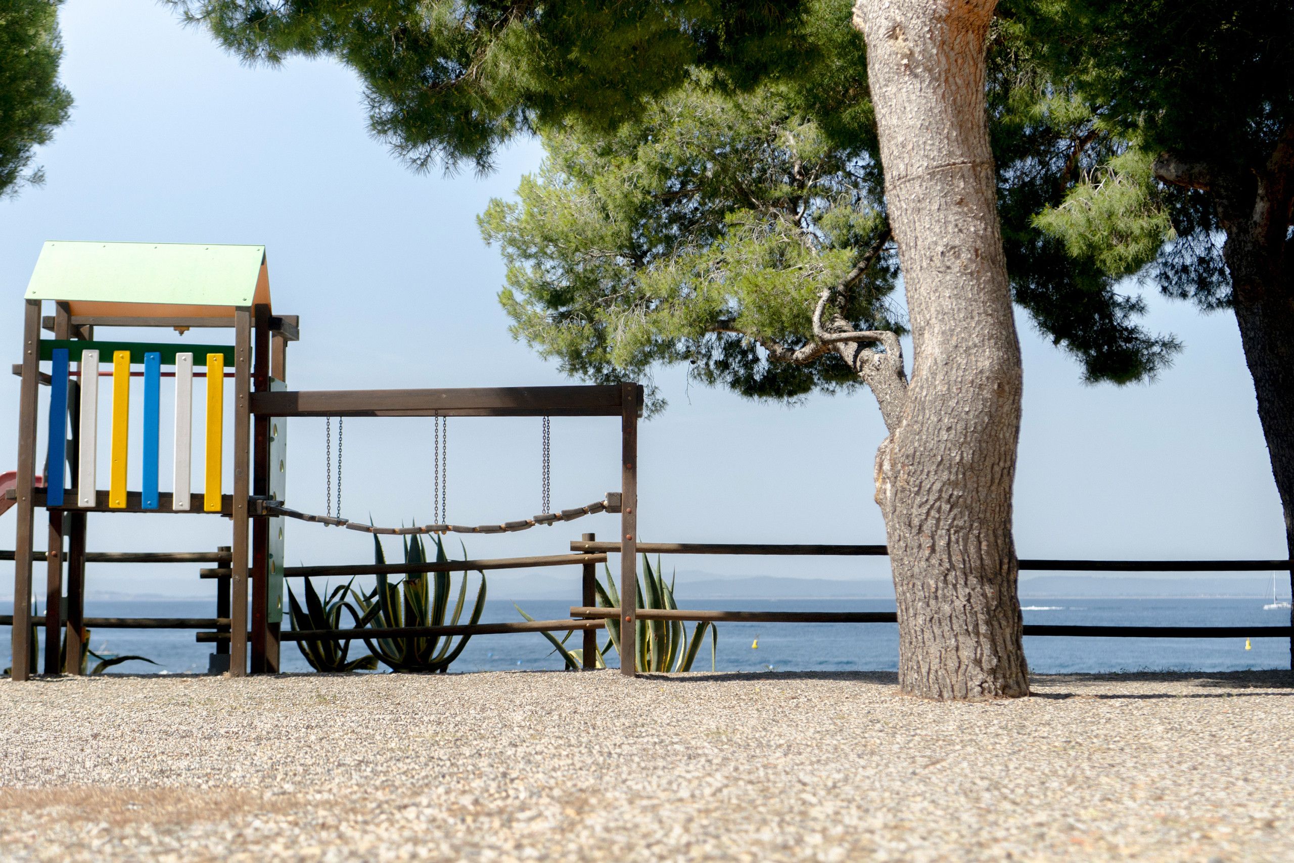 A beachside seating area with a swing set, a tree, and a view of the sea.