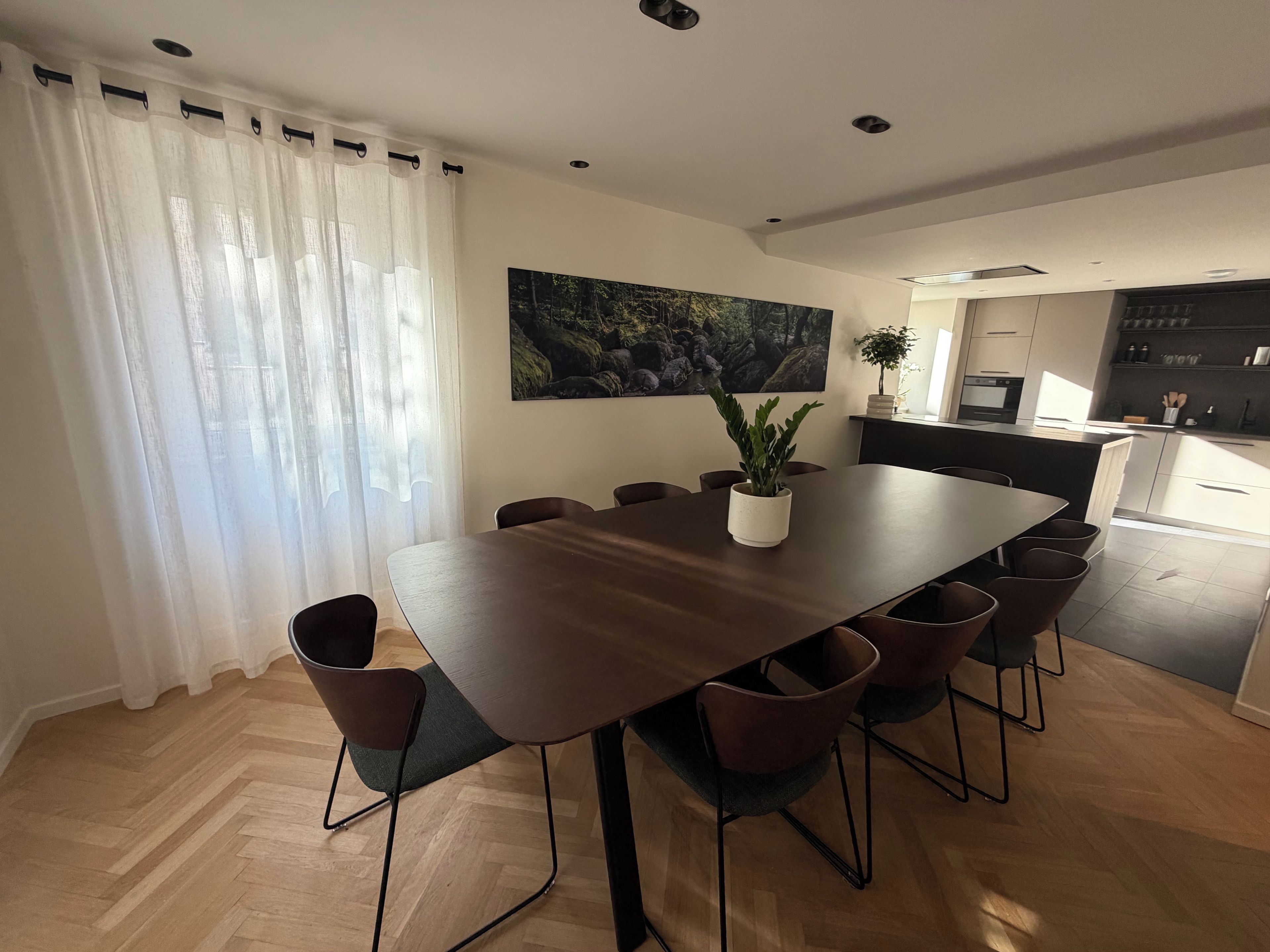 A modern dining area with a wooden table and chairs, a potted plant, and a kitchen in the background.