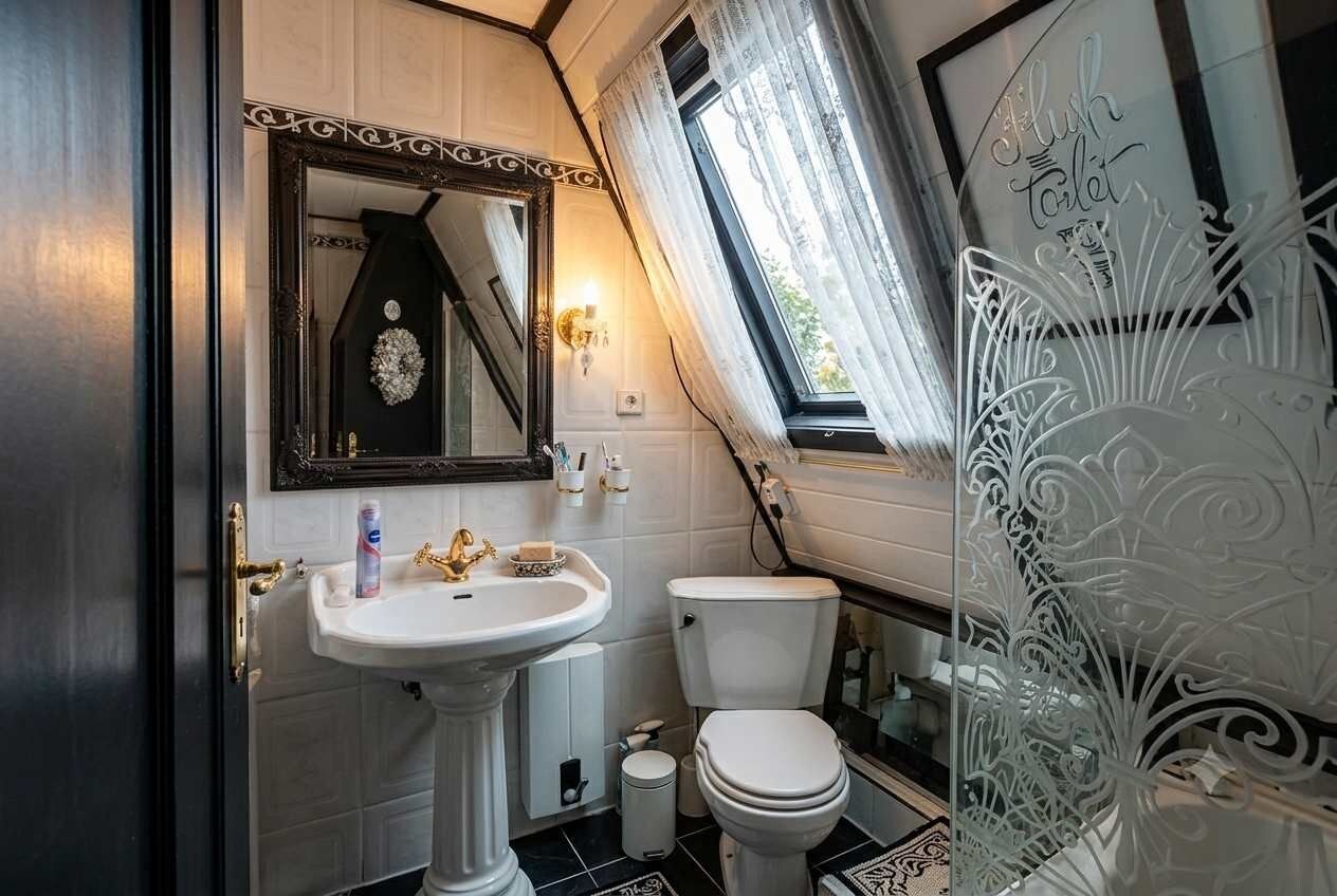 Ein Badezimmer mit Waschtisch, Toilette, einem Spiegel mit dekorativem Rahmen und einem Fenster mit Vorhängen.