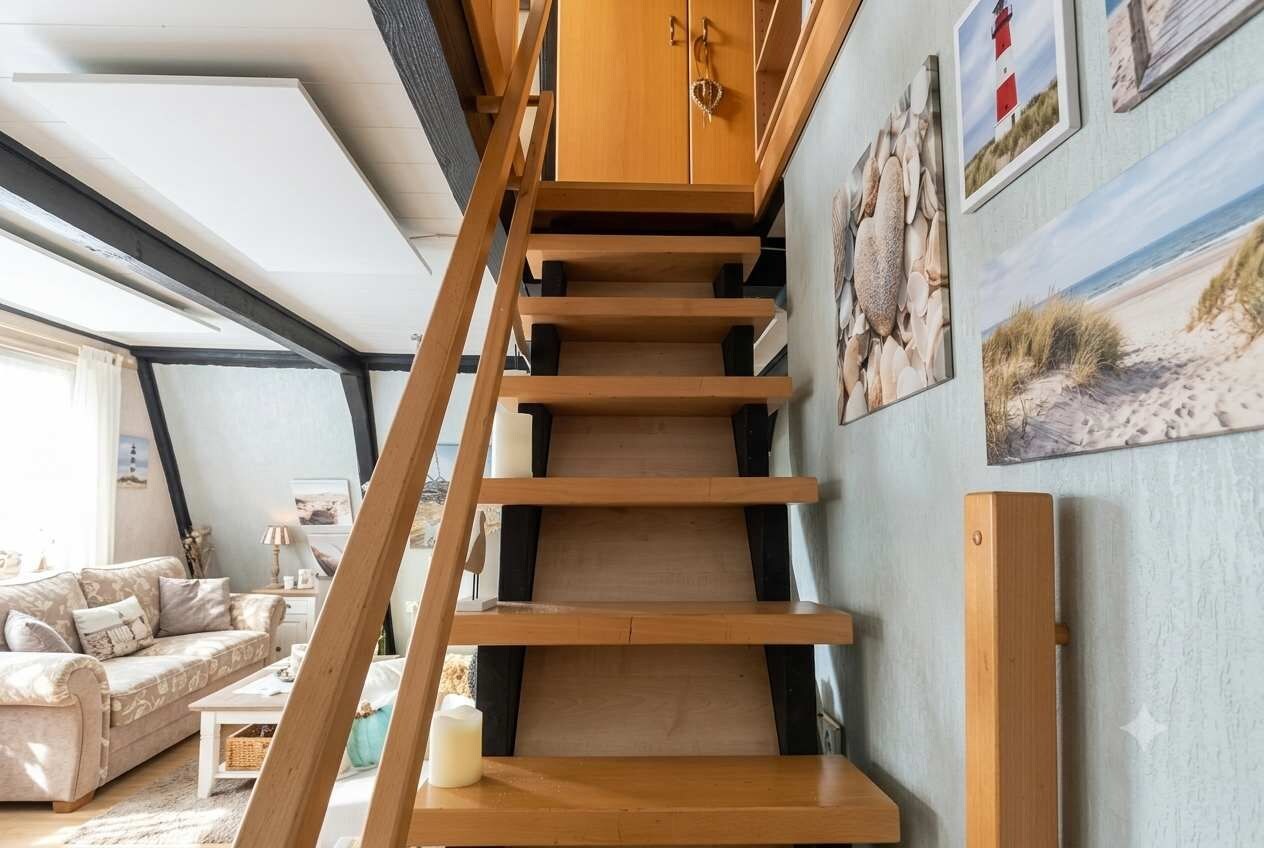 En trappe med trætrin fører op til et loftrum, hvor der er en sofa og billeder på væggen, inklusive et fyrtårn.