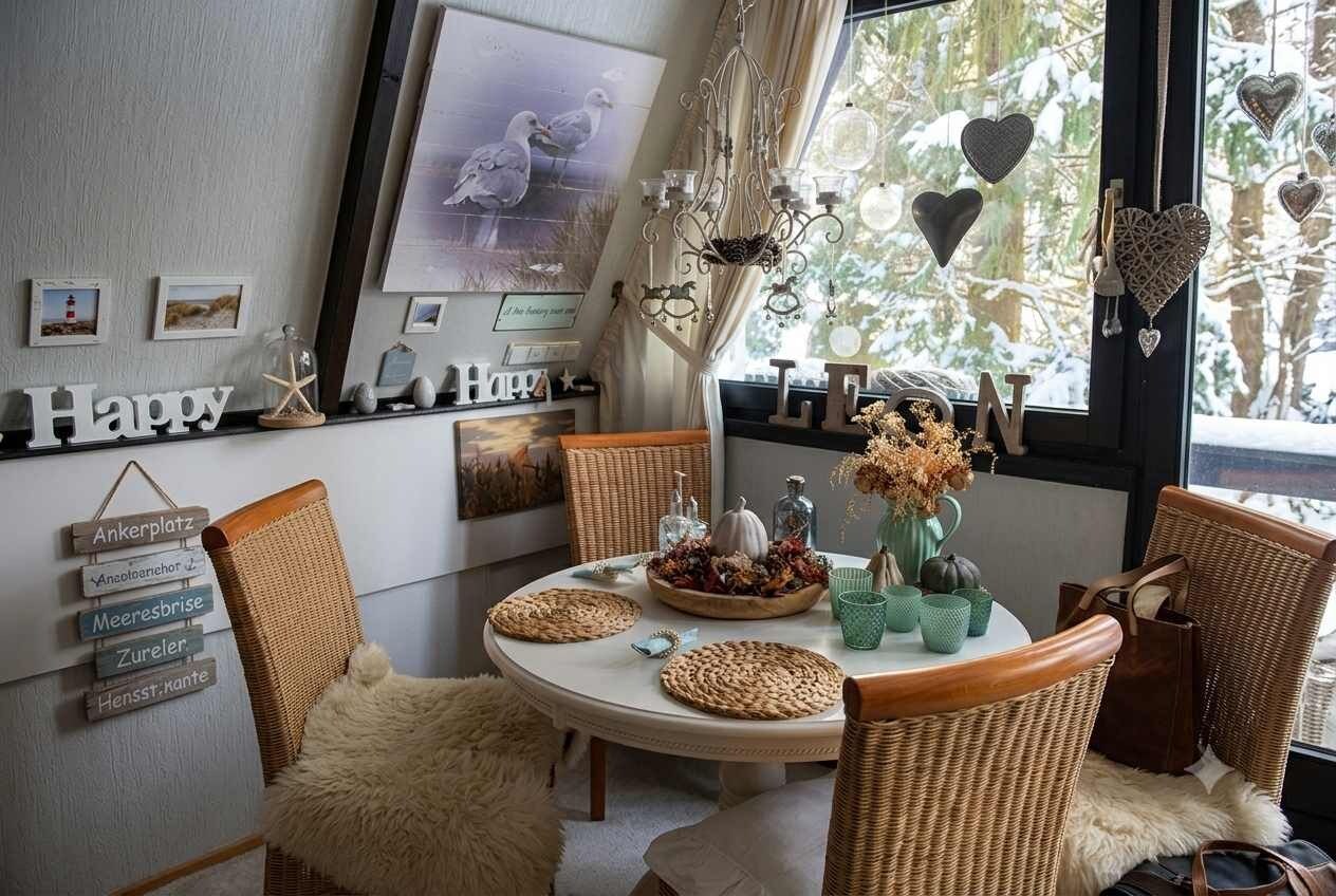 Ein gemütlicher Essbereich mit Korbstühlen, einem runden Tisch und Blick auf Schnee.