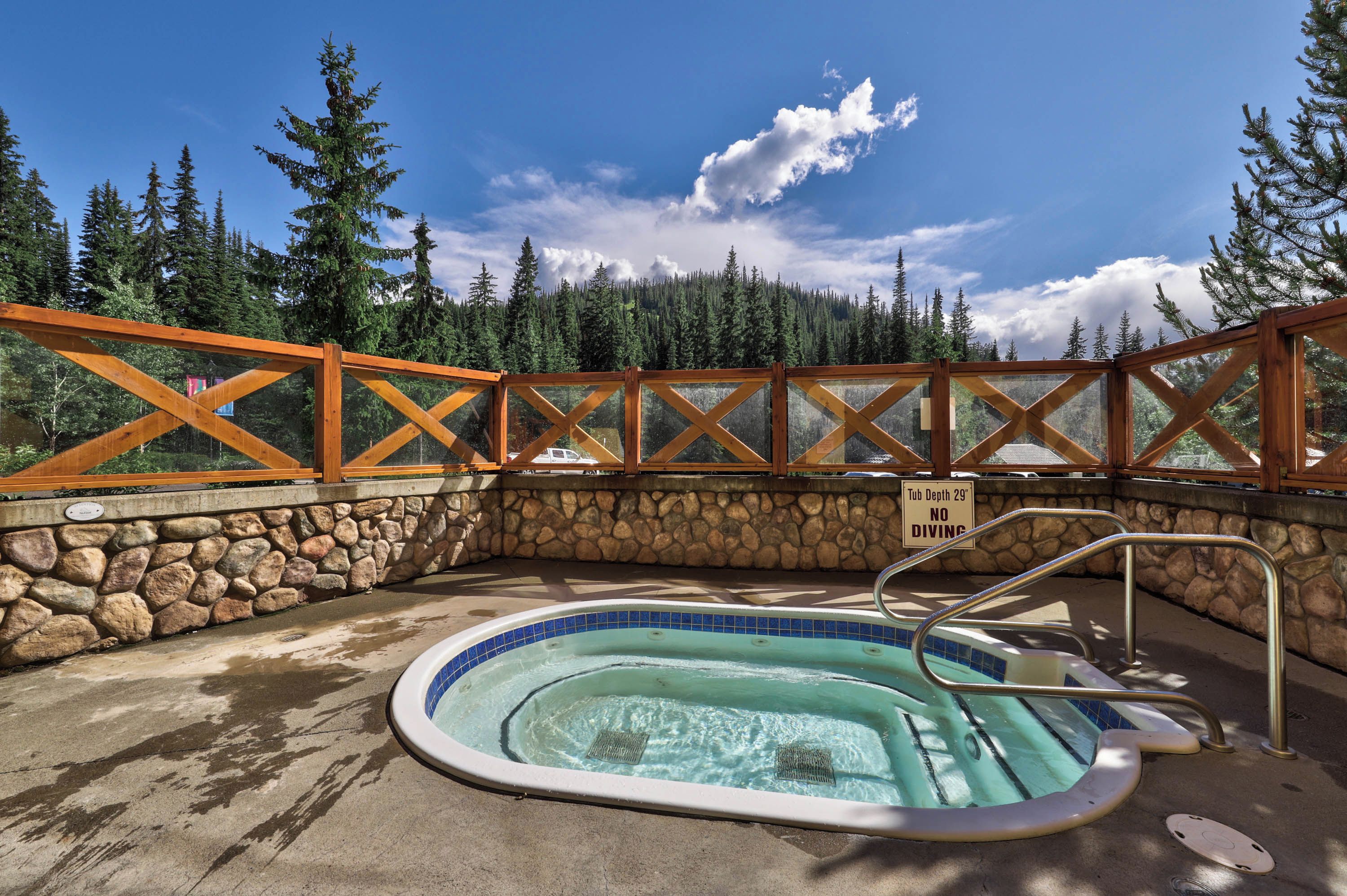 A hot tub with a stone wall and wooden railing, surrounded by a forest.