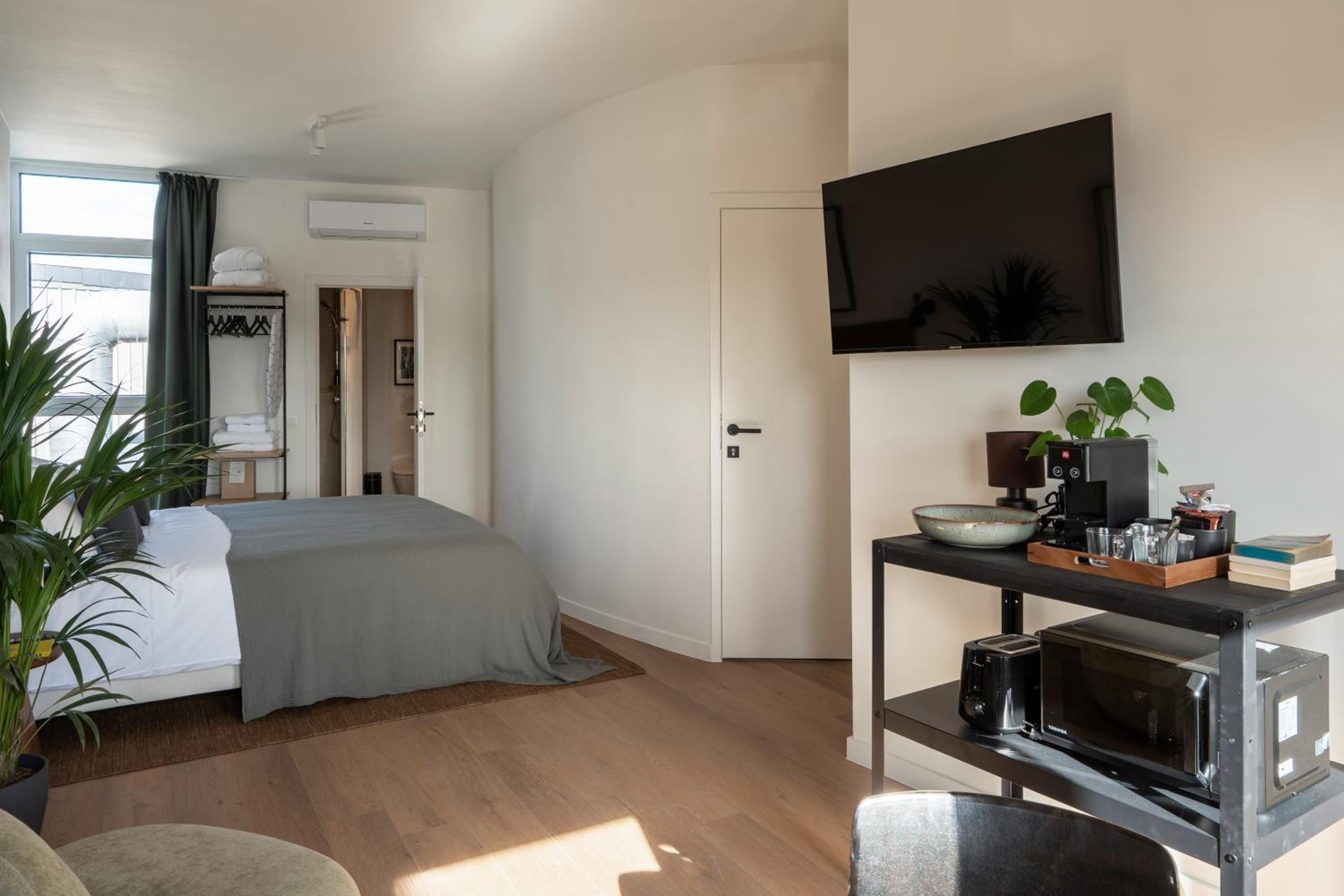 A modern bedroom with a bed, a TV mounted on the wall, a small table with a microwave, and a potted plant.