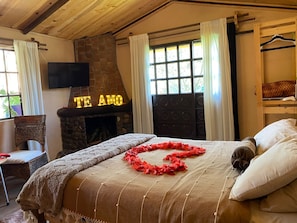 Una camera accogliente con un camino in pietra, un letto decorato con motivi floreali rossi, una televisione a parete e una finestra con tende.