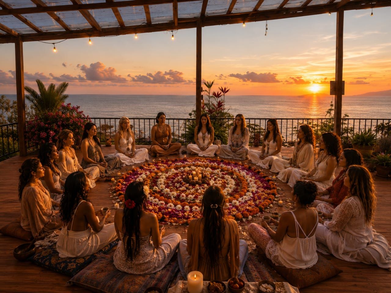 A group of people sitting in a circle on a wooden deck, facing a sunset over the ocean.
