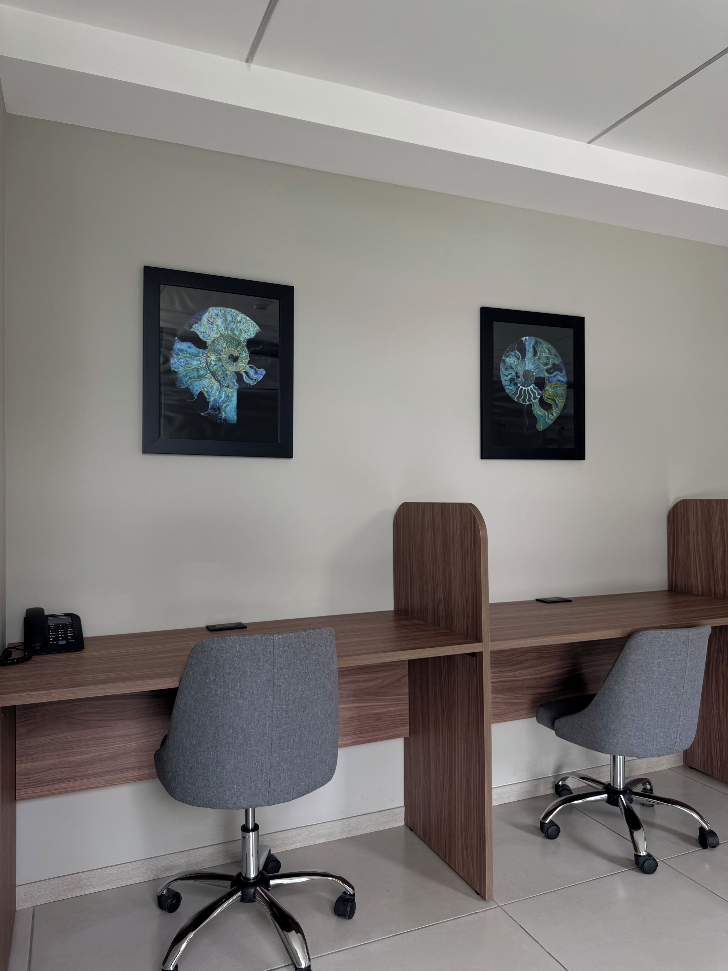 A modern office space with two desks, chairs, and framed artwork on the wall.