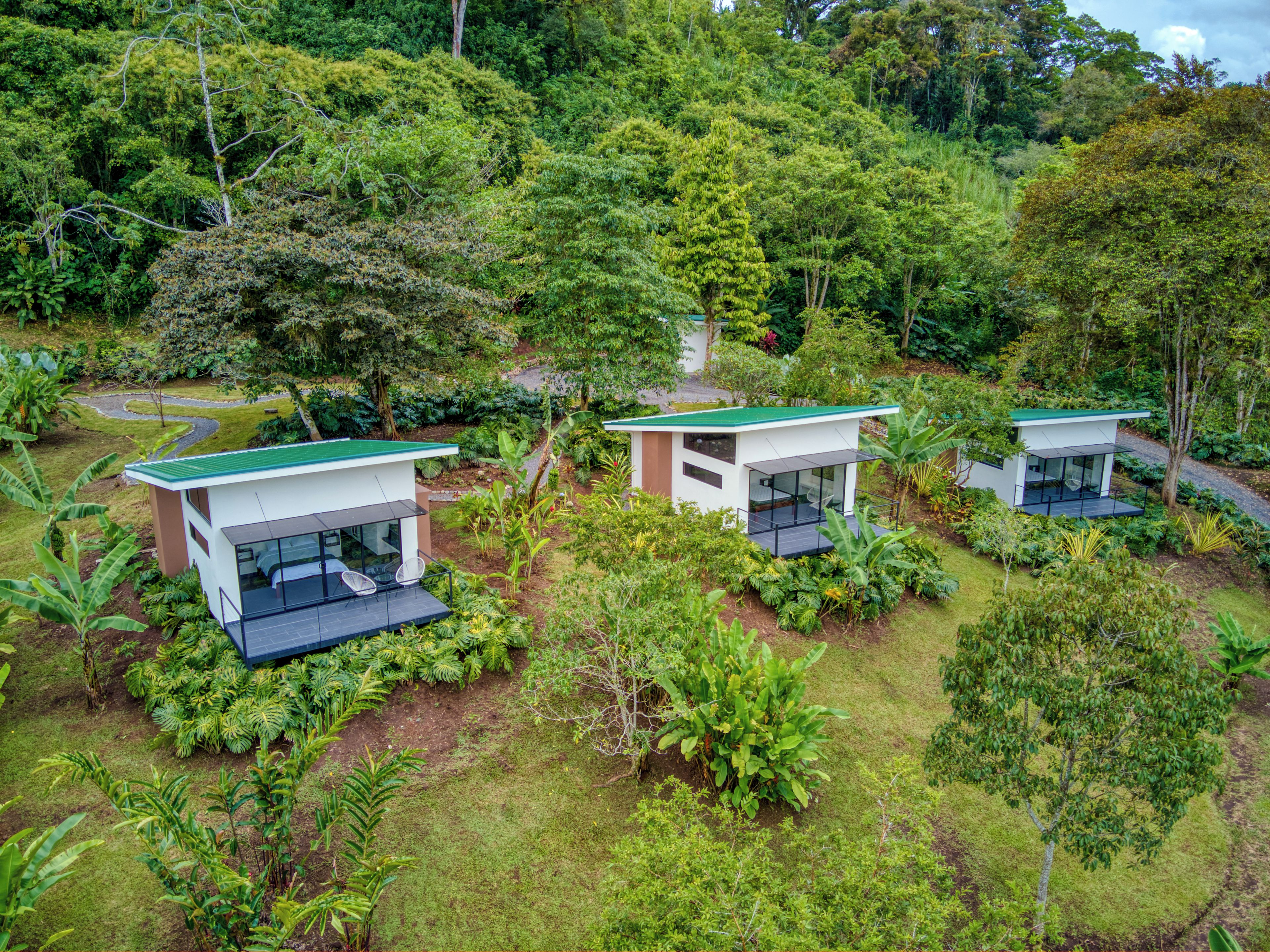 A modern eco-lodge with three cabins surrounded by lush vegetation.