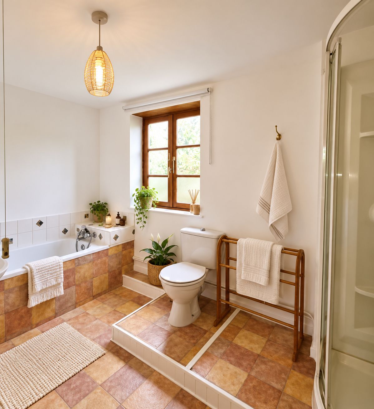 Een badkamer met bad, toilet en douche.