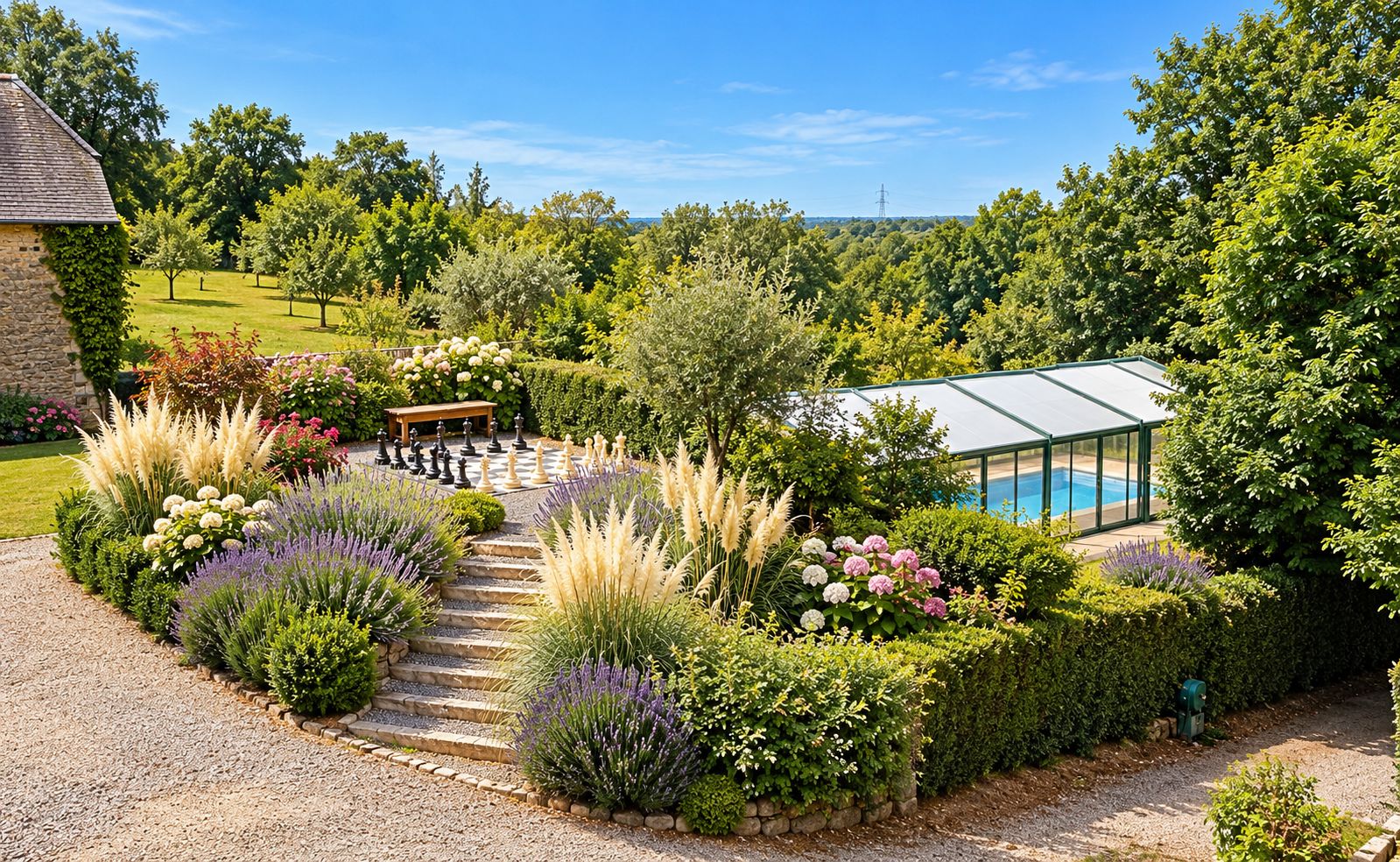 A garden with a chessboard, a bench, and a greenhouse.