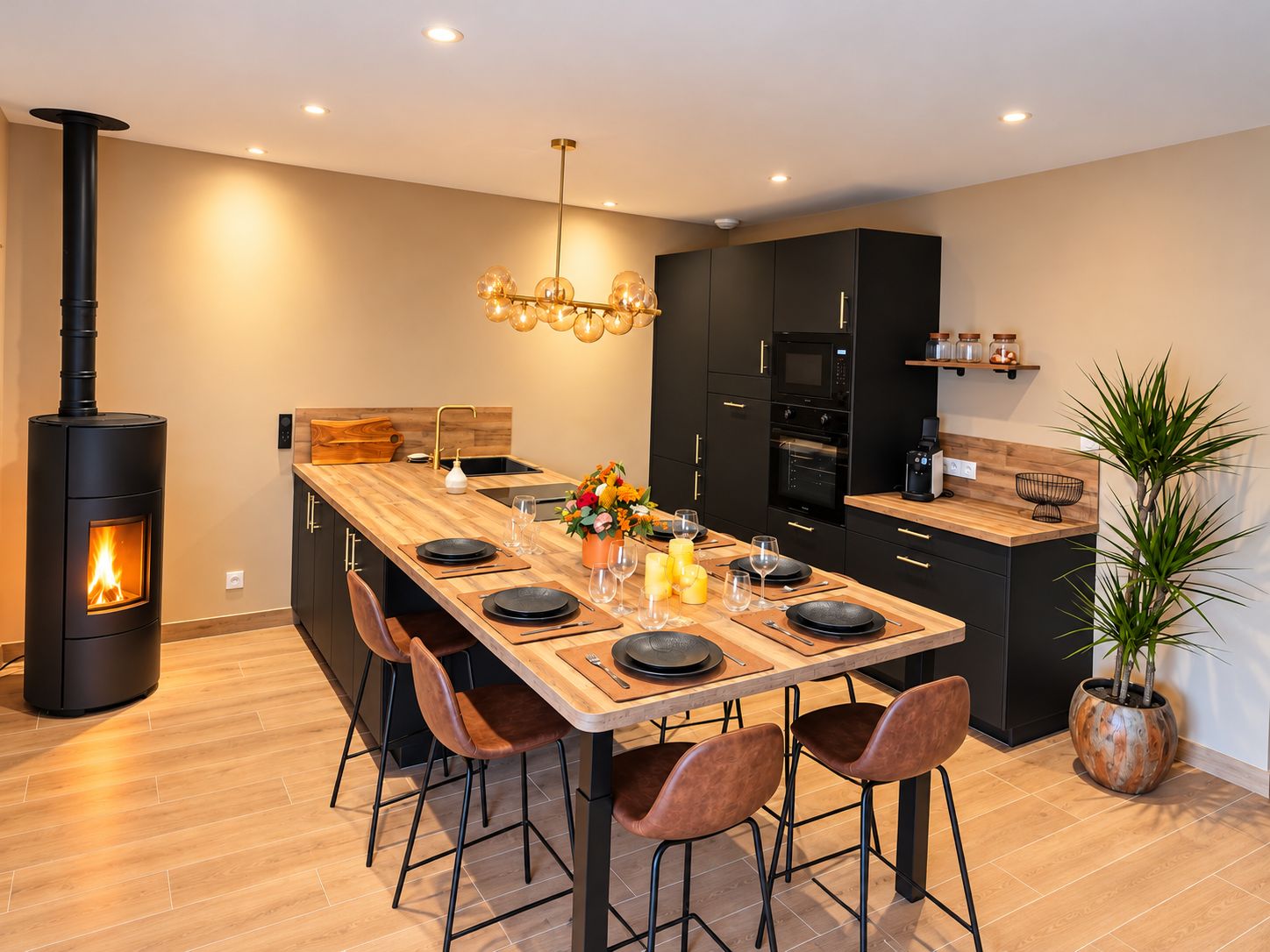 Une cuisine moderne dotée d’un îlot central, de meubles de couleur noire, d’un poêle à bois et d’un lustre.