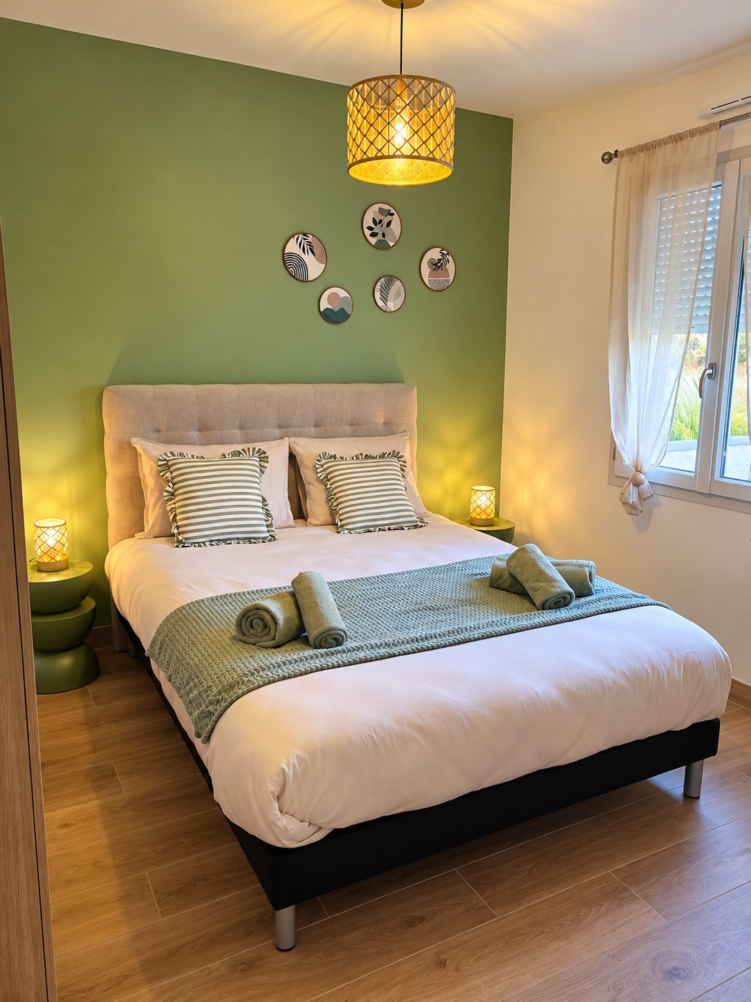 Ein Schlafzimmer mit einem Bett, grünen Wänden und einem Fenster mit Vorhängen.