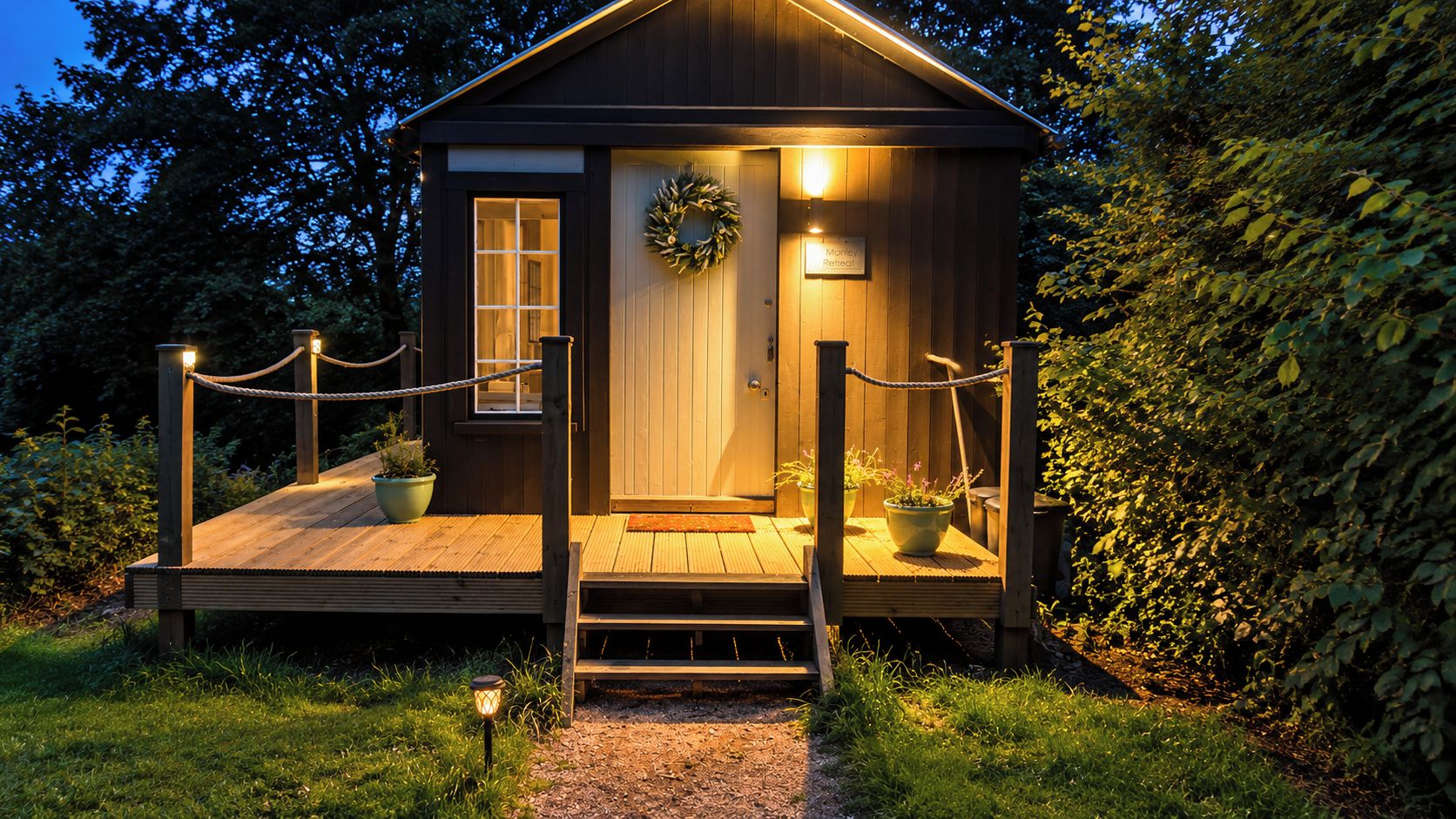 A wooden cabin with a porch, a door with a wreath, and a sign that reads 'Money Retreat.'