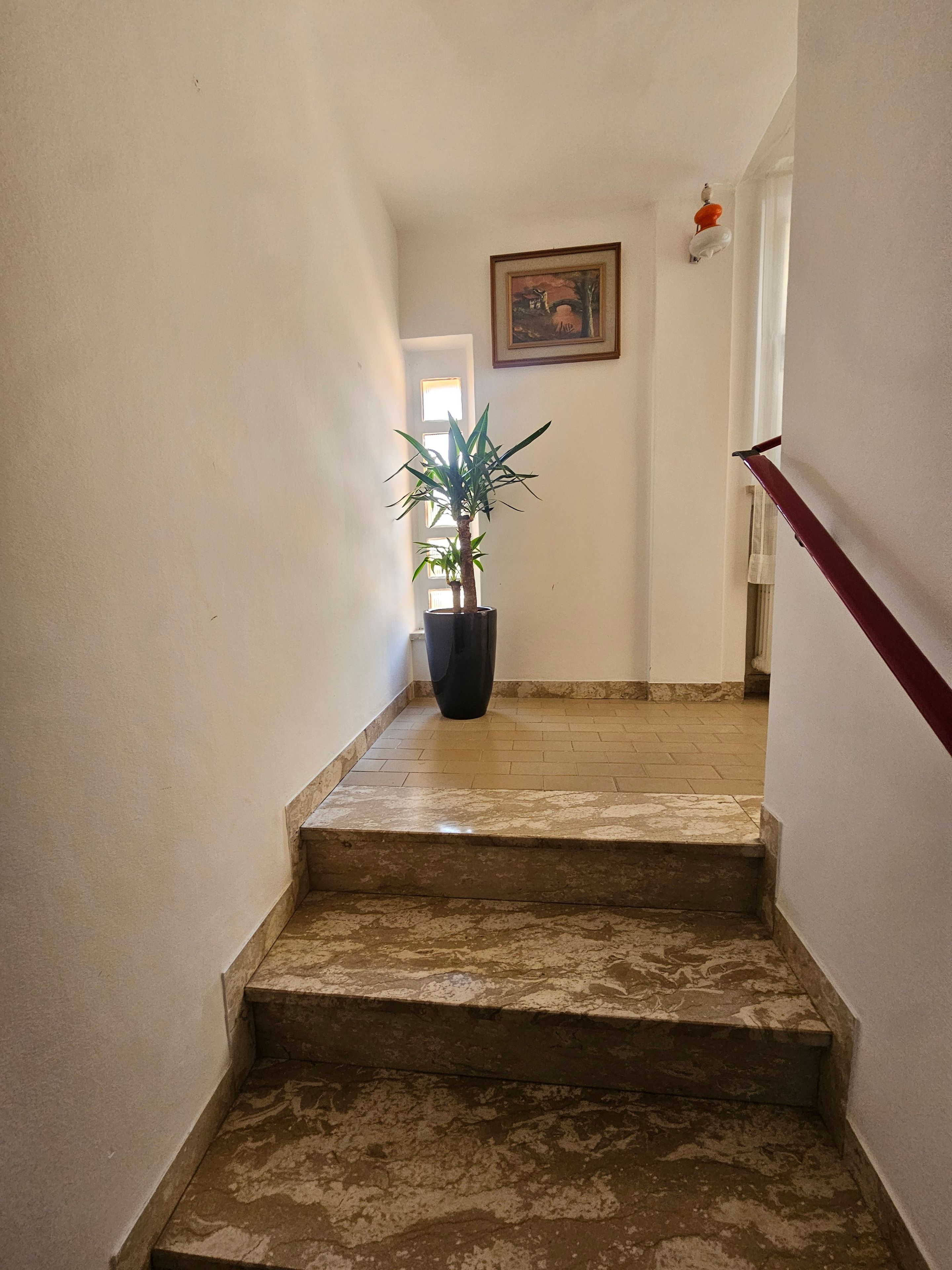 Eine Treppe mit einem Blumentopf oben, einem Gemälde an der Wand und einem roten Geländer.