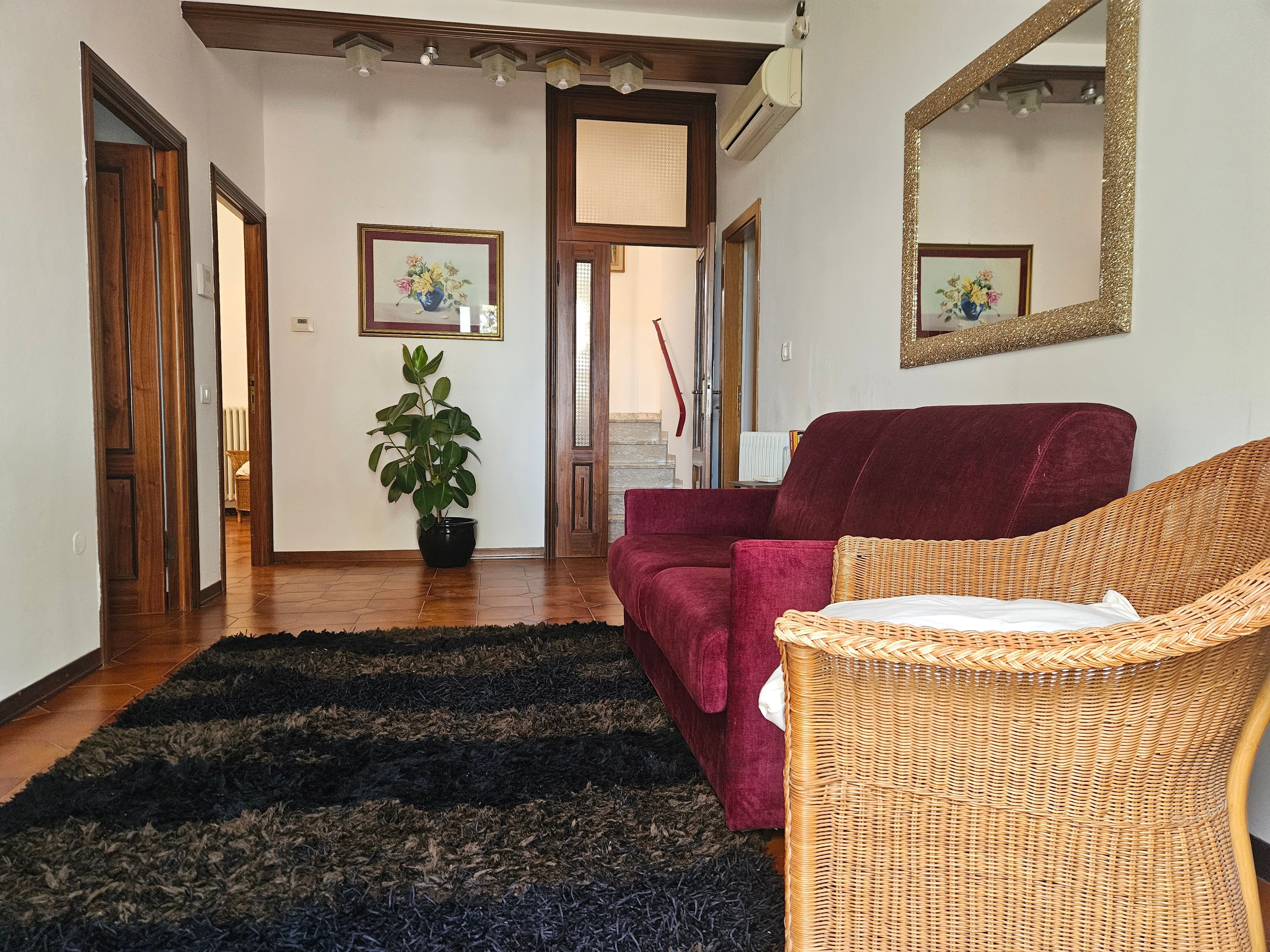 Ein Wohnzimmer mit einem roten Sofa, einem Korbstuhl, einem schwarzen Teppich und einer Topfpflanze.
