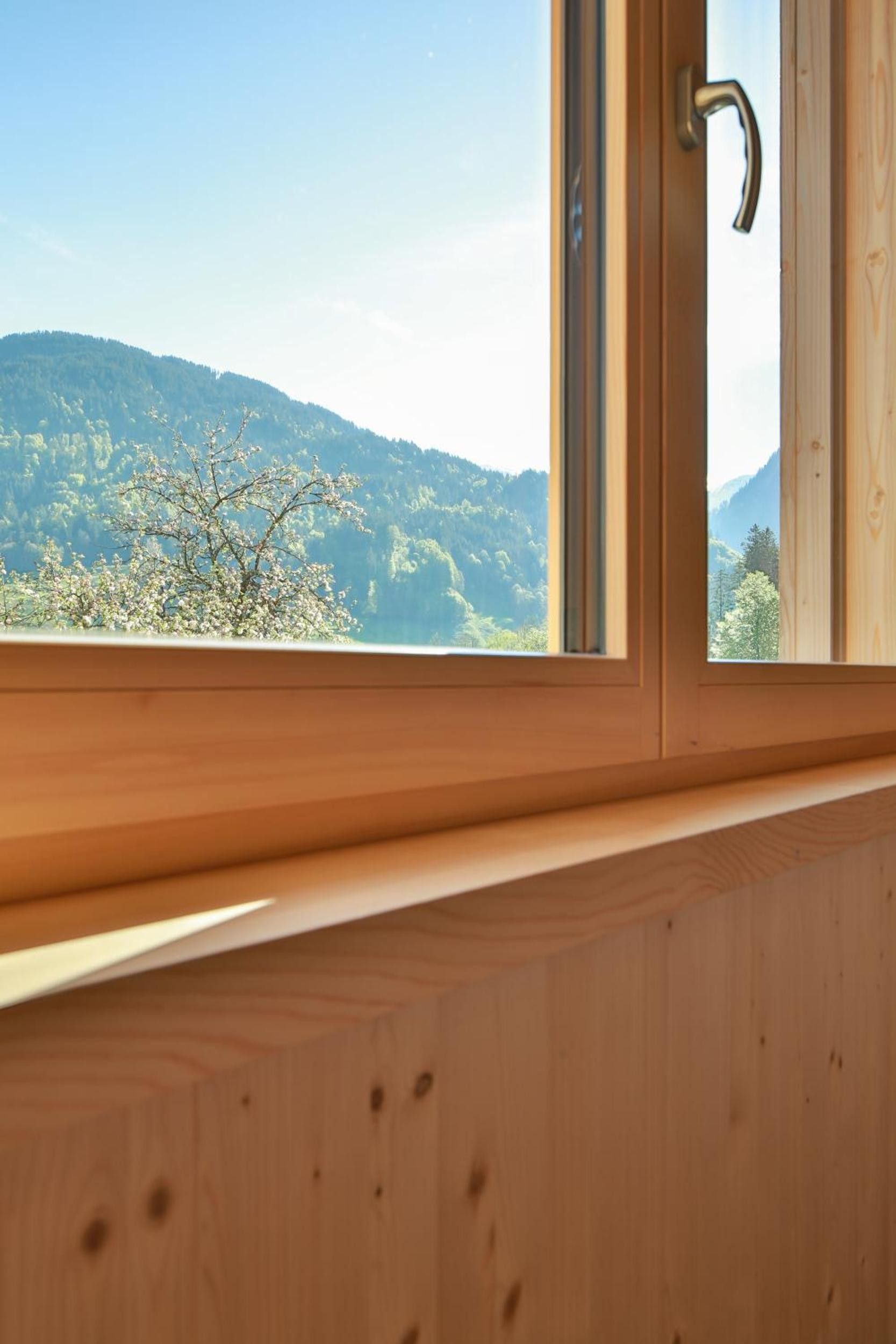 Ein hölzernes Fenster mit Blick auf eine bewaldete Bergkette.