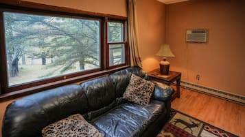 Ein Zimmer mit Ledersofa, Fenster mit Blick auf Bäume, einer Lampe und einem Teppich.