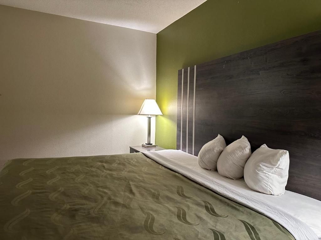 Una habitación de hotel con una cama, una mesita de noche, una lámpara y un cabecero.