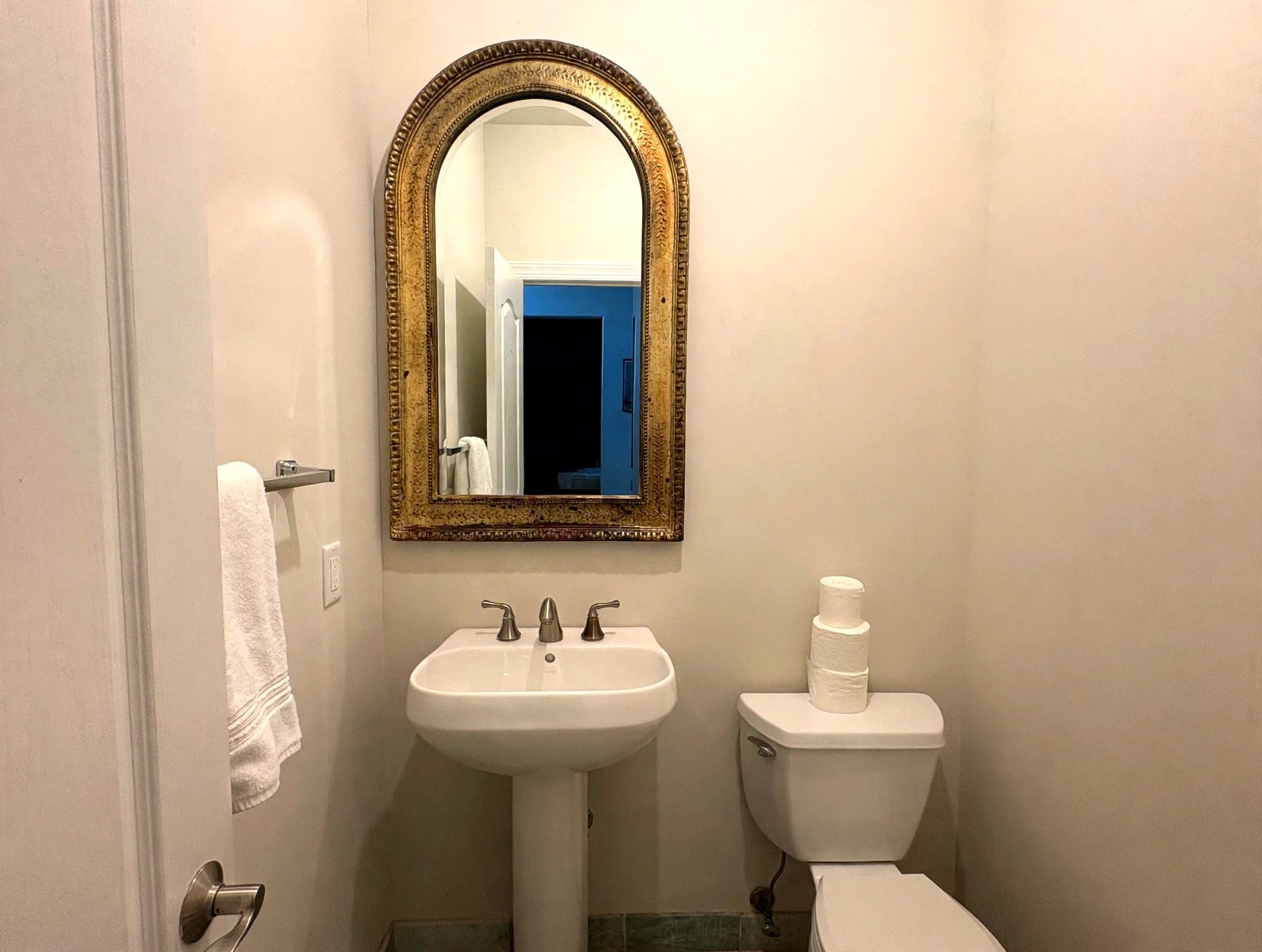 A bathroom with a white sink, a toilet, and a mirror with an ornate frame.