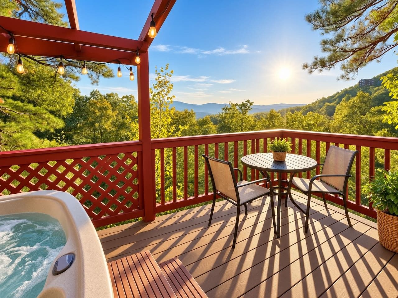 Une terrasse dotée d’un jacuzzi, de deux chaises et d’une table, offrant une vue sur un paysage montagneux.