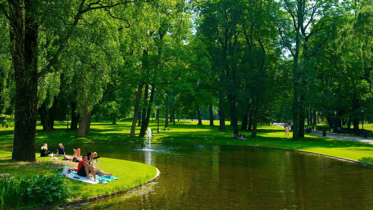 A park with a pond, trees, and people relaxing on the grass.