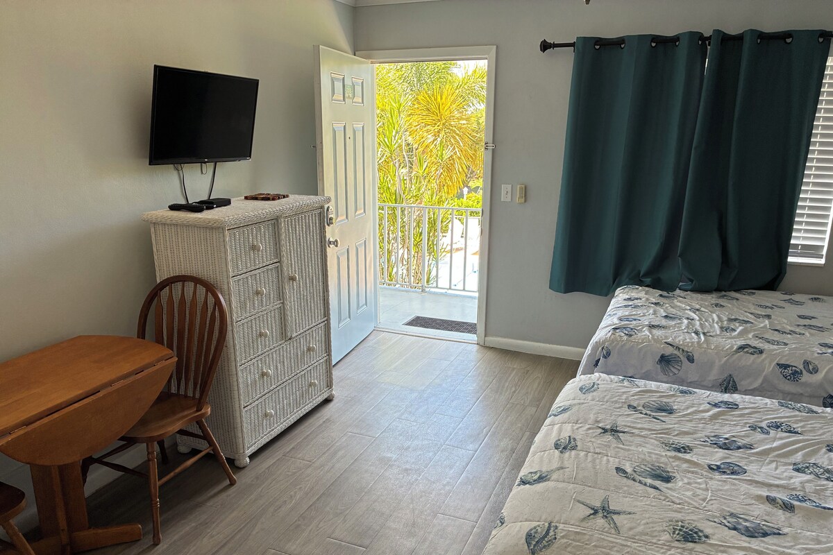 A room with a bed, a television, a chair, a dresser, and a door leading to an outdoor area.
