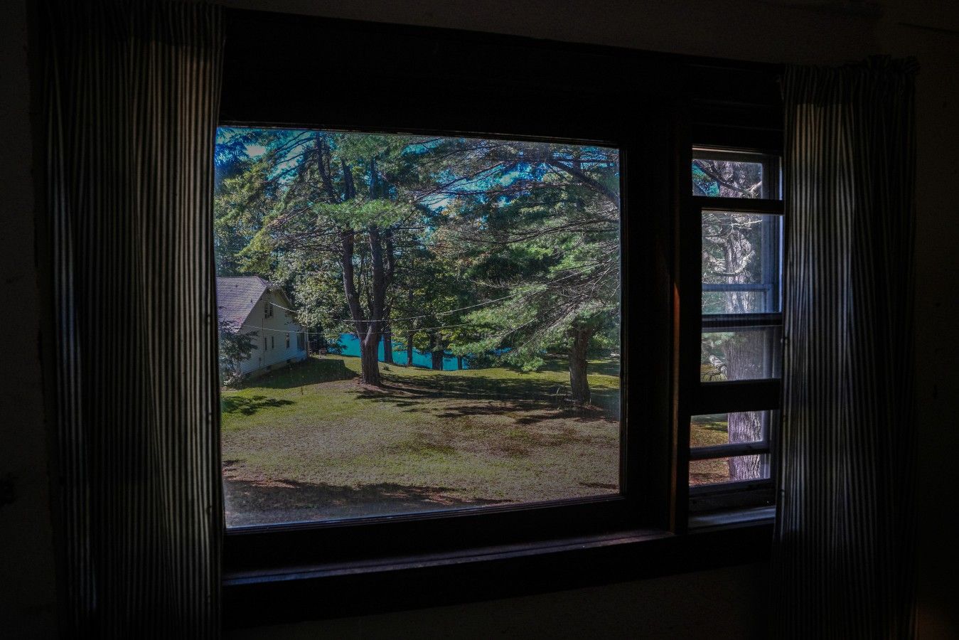 A window with a view of a house and trees.