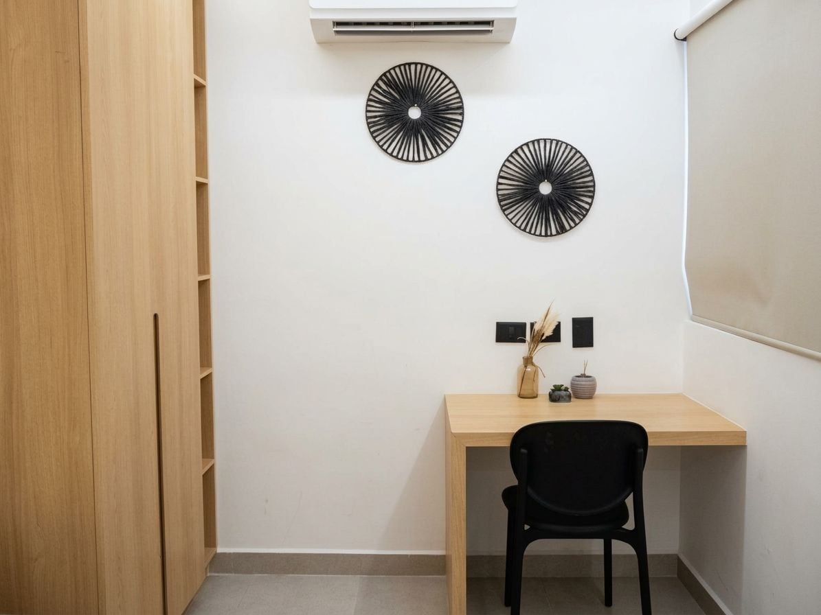 Une pièce comprenant un bureau en bois, deux objets décoratifs fixés au mur, une chaise noire et une armoire.
