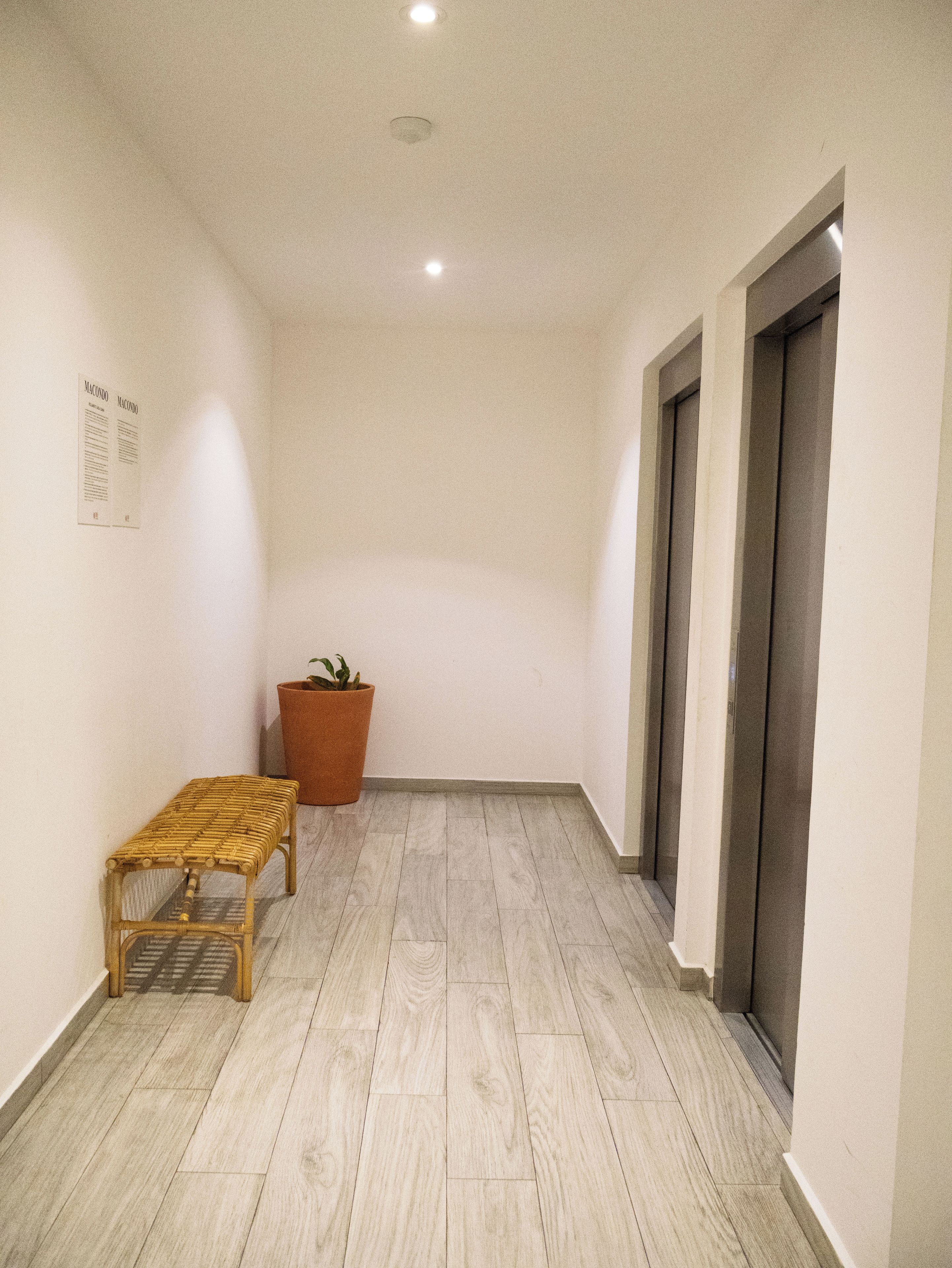 A narrow hallway with a wooden bench, a potted plant, and a wall-mounted calendar.